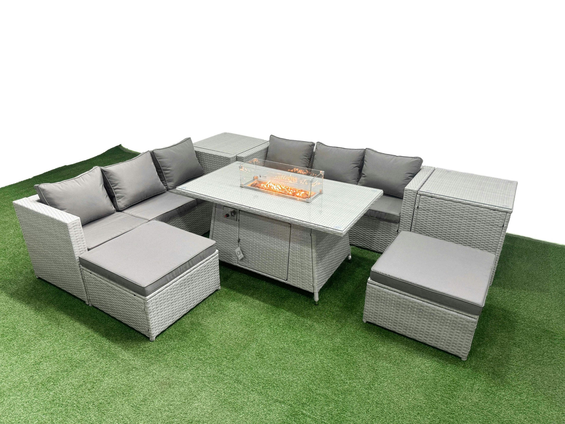 Fimous Light/Grey 8 Seat Pe Rattan Lounge Sofa Set Outdoor Garden Furniture Set With Fire Pit Dining Table 3 Seater Sofa 2 Stools 2 Side Tables