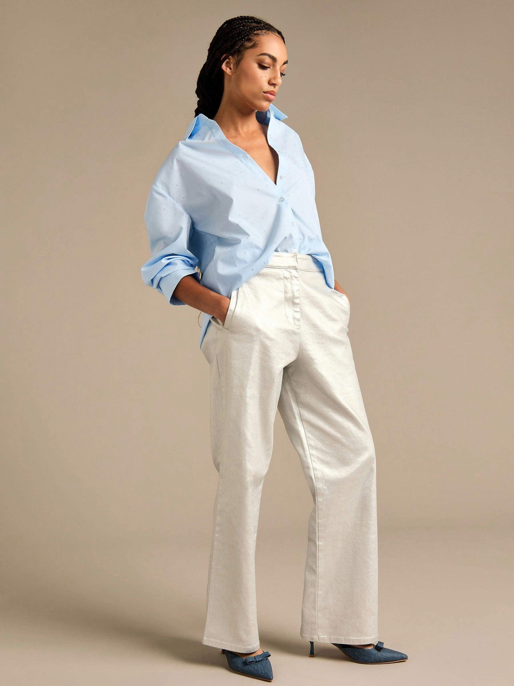 Gwd Silver Jessy Coated Denim Wide Leg Jean - 12