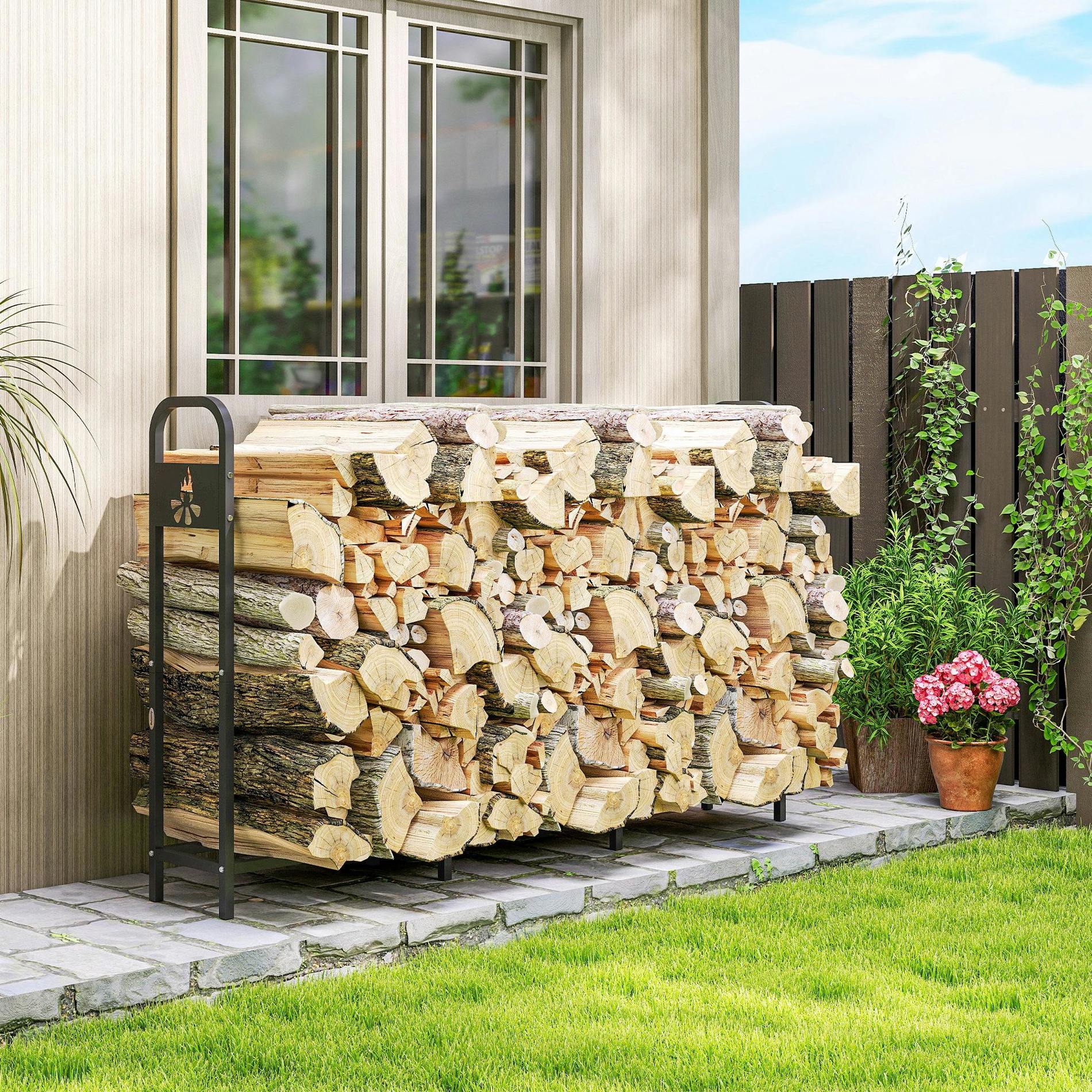 Outsunny Black Steel Firewood Log Rack, 300 Kg Indoor Outdoor Fireplace Log Holder - Steel - 199W X 30D X 121H Cm