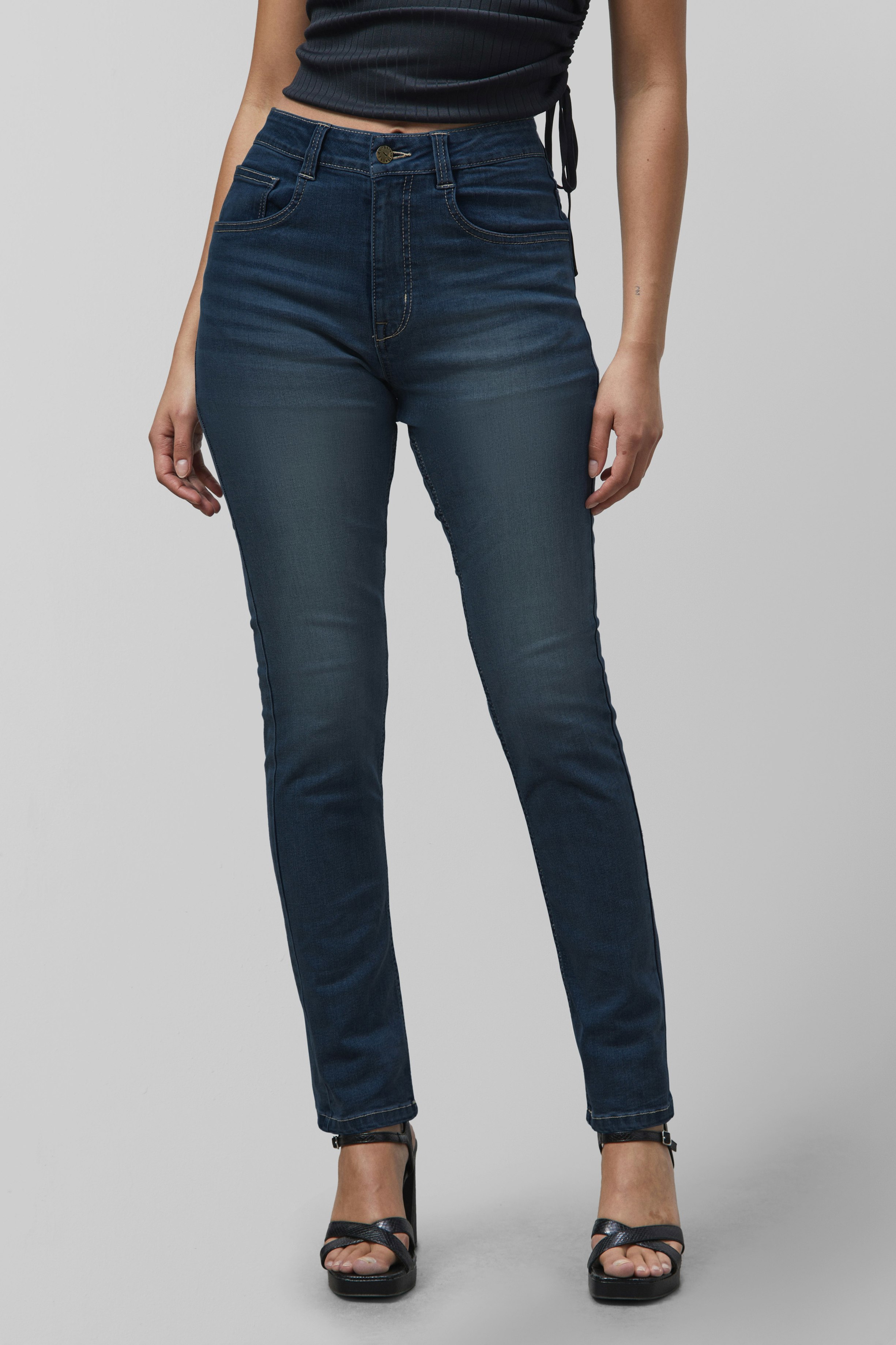 Enorsia Blue High Waist Slim Fit Jeans - 14 - 70% Cotton, 25% Polyester, 2.8% Viscose, 2.2% Spandex - Mid