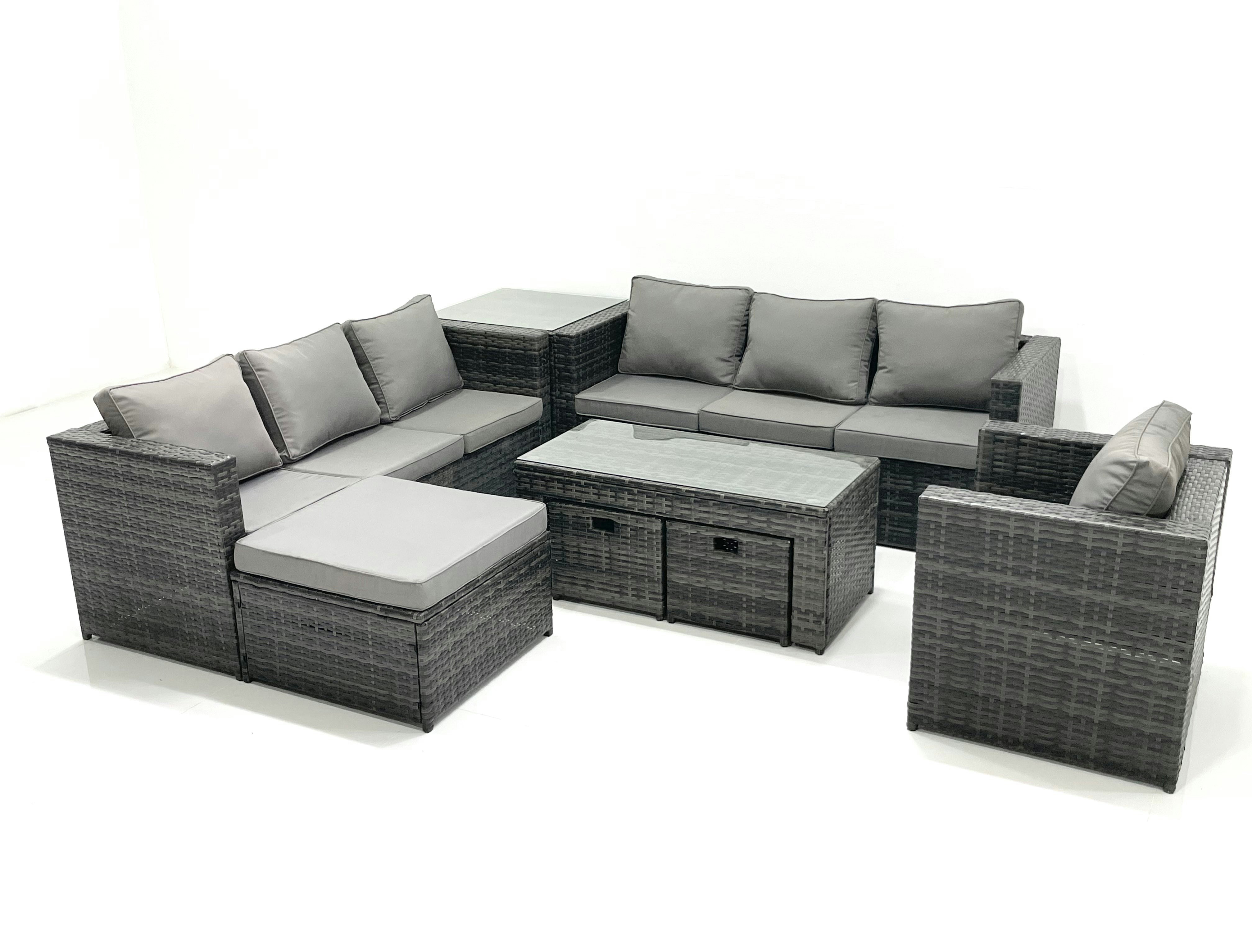 Fimous Dark/Grey Outdoor Garden Furniture Set 10 Seater Rattan Sofa Set With Coffee Table 3 Footstools Armchair Side Table Mixed