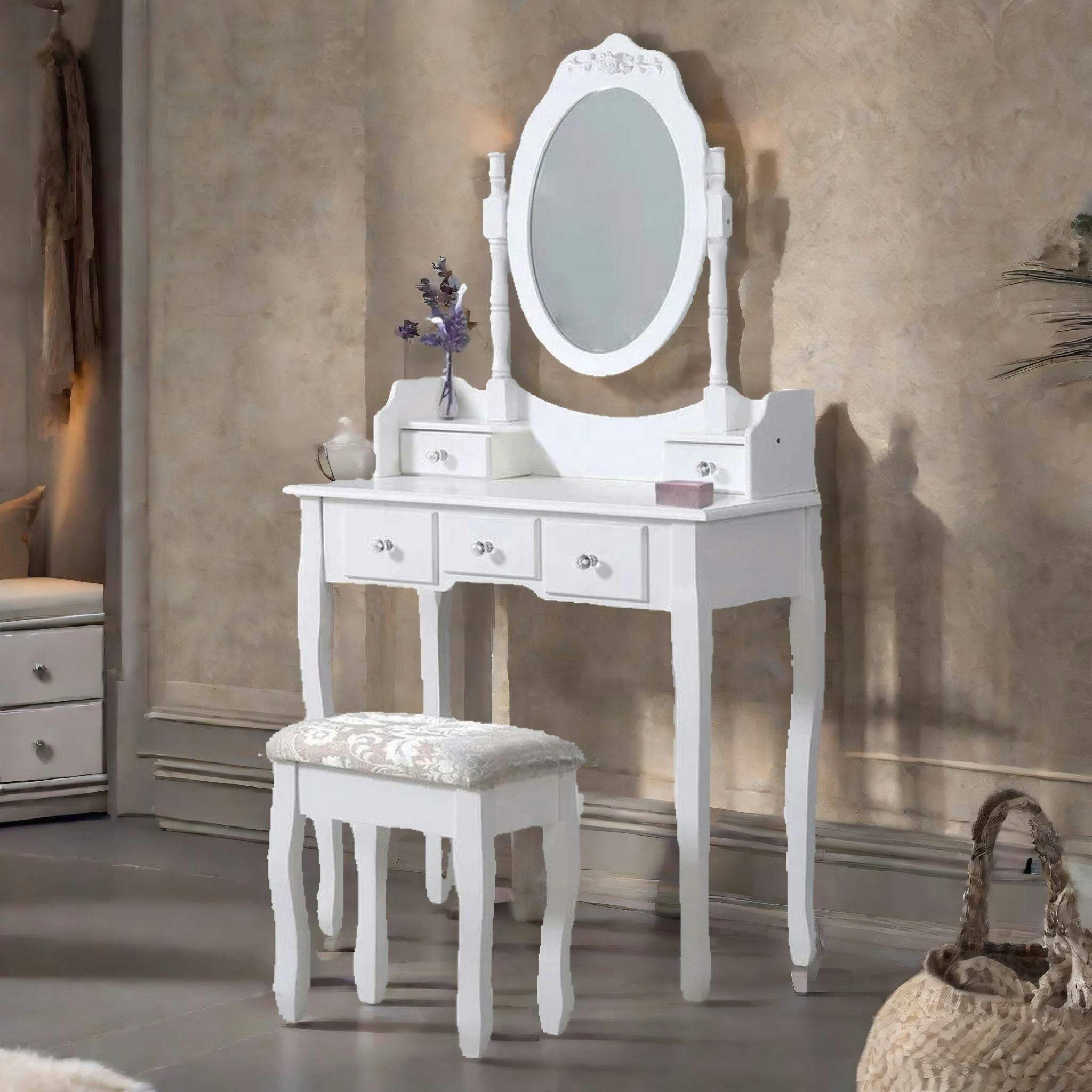 Rackhams White 5 Drawer Dressing Table With Round Mirror And Stool