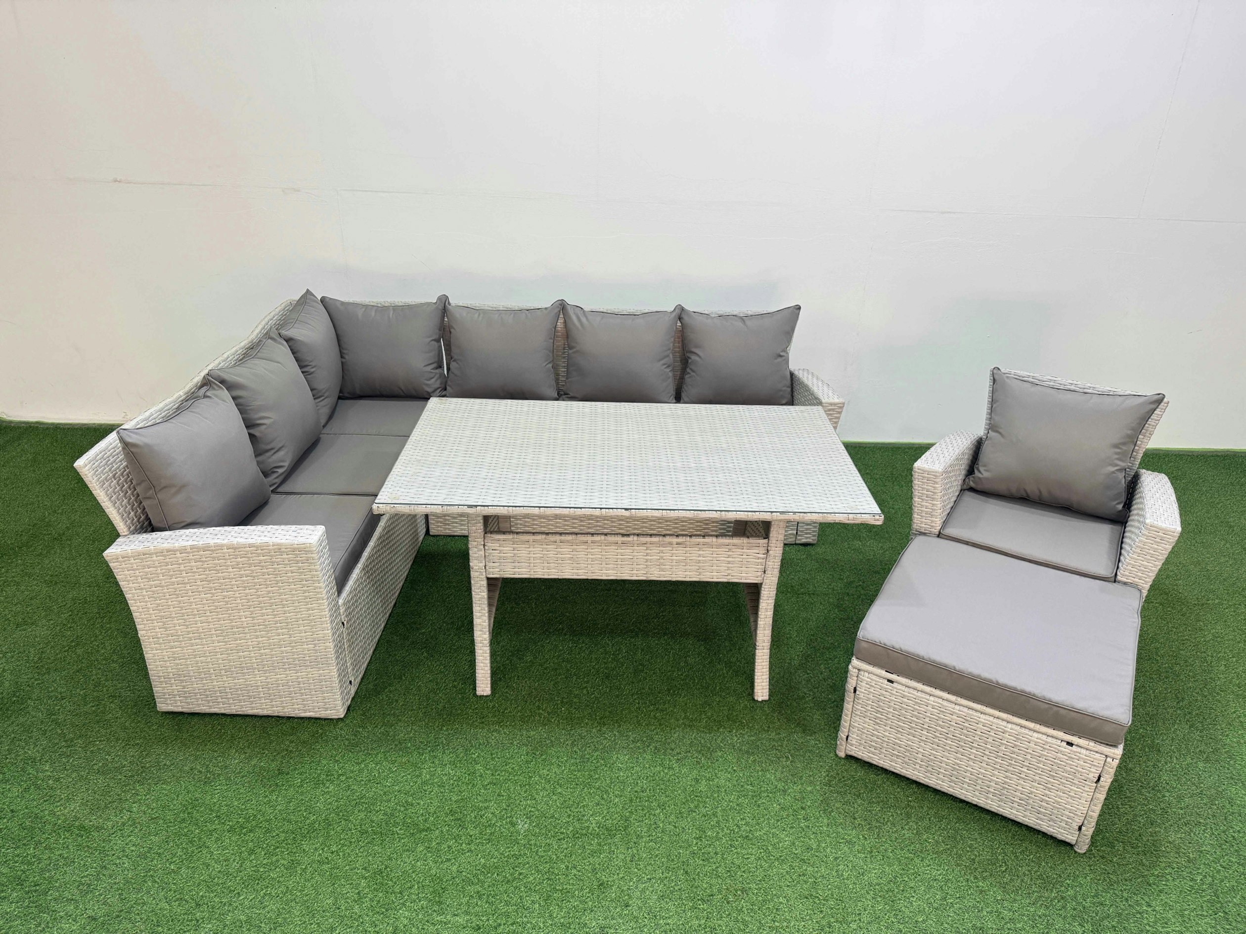 Rackhams Light/Grey 8 Seater Rattan Garden Furniture Set Outdoor Patio Dining Corner Sofa Sets With Dining Table Chair Big Footstool Mixed