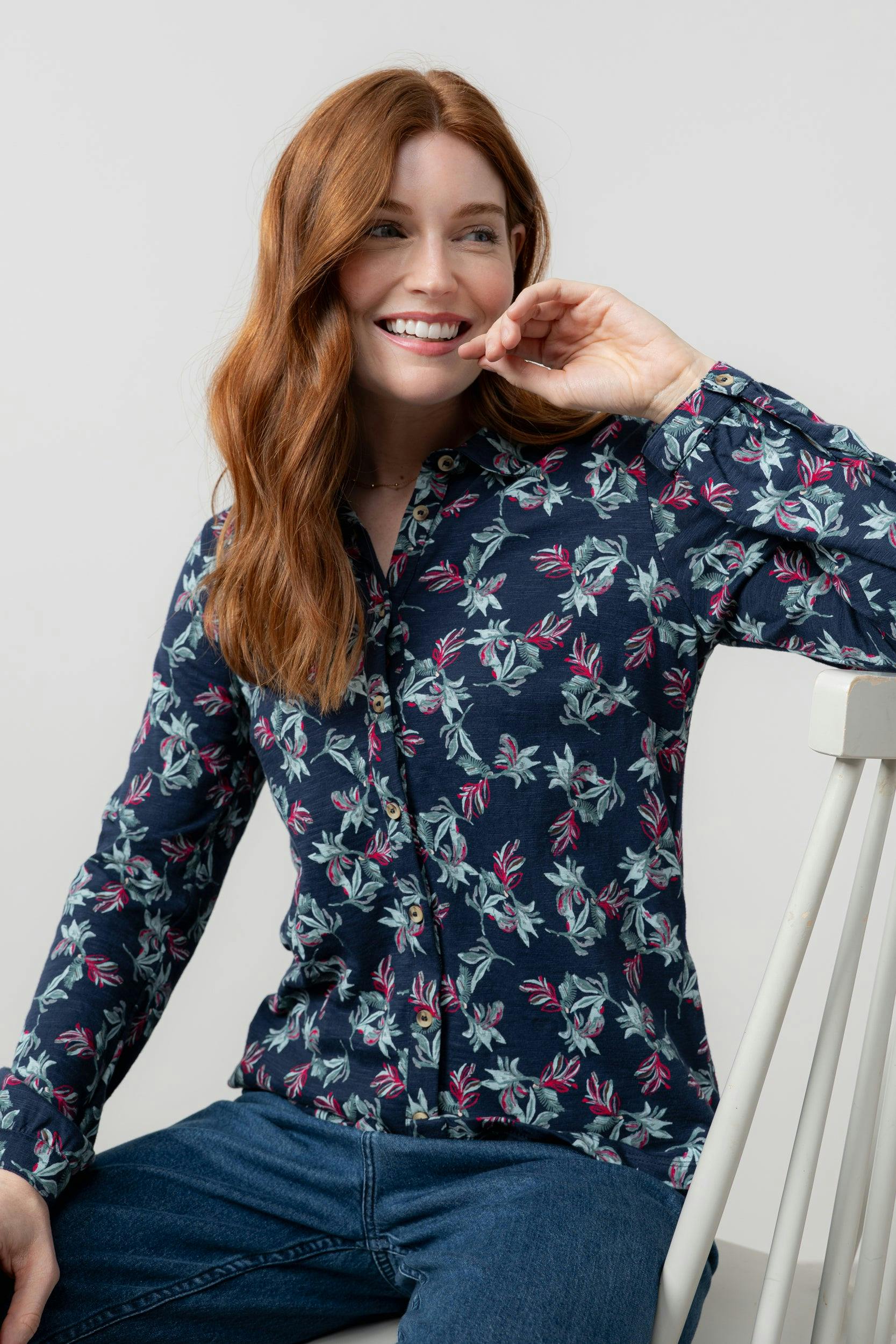 Lily & Me Bowbridge Printed Cotton Jersey Shirt Navy - 16 - Navy