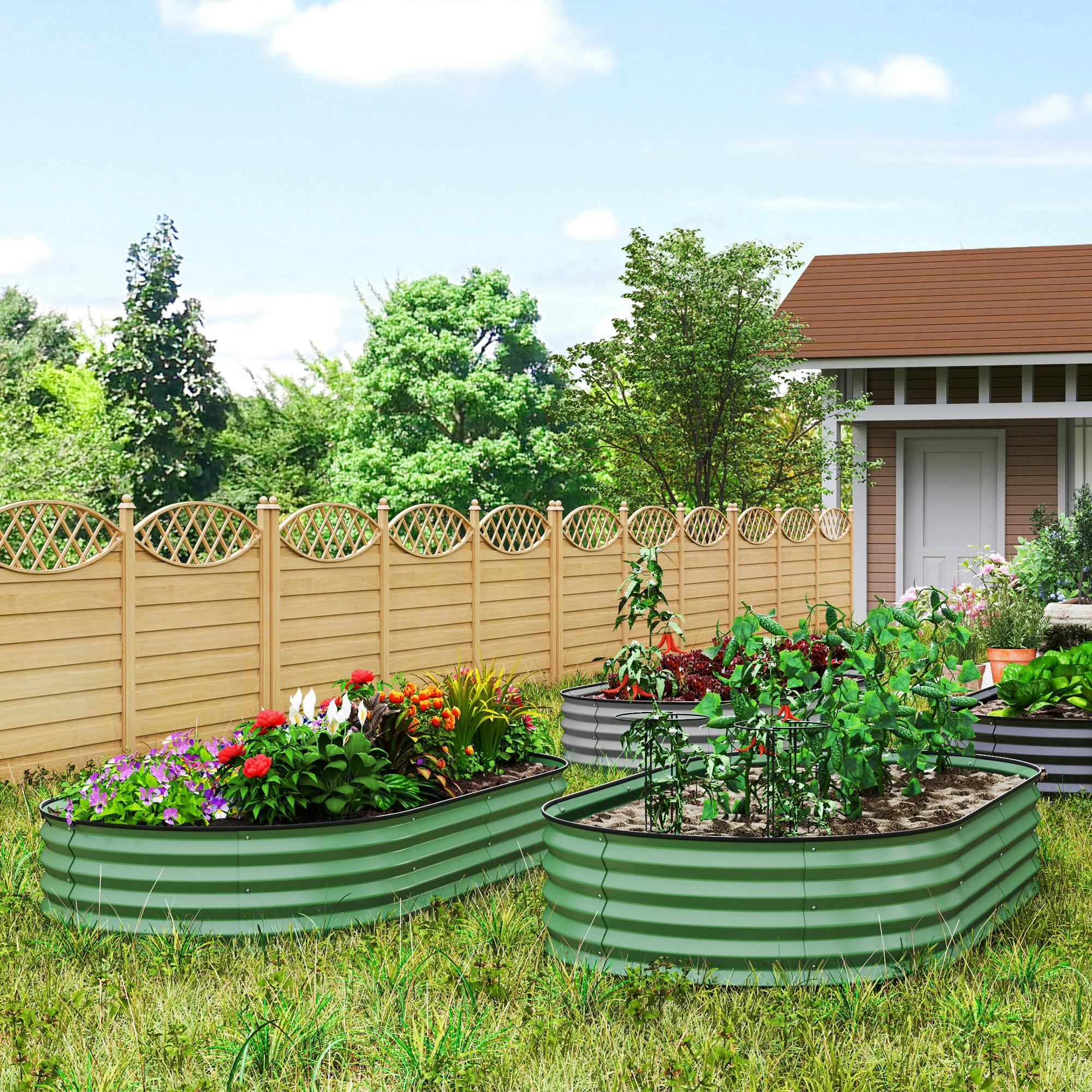 Outsunny Dark/Grey/Green Set Of 2 Raised Beds For Garden With Metal Plant Stakes,