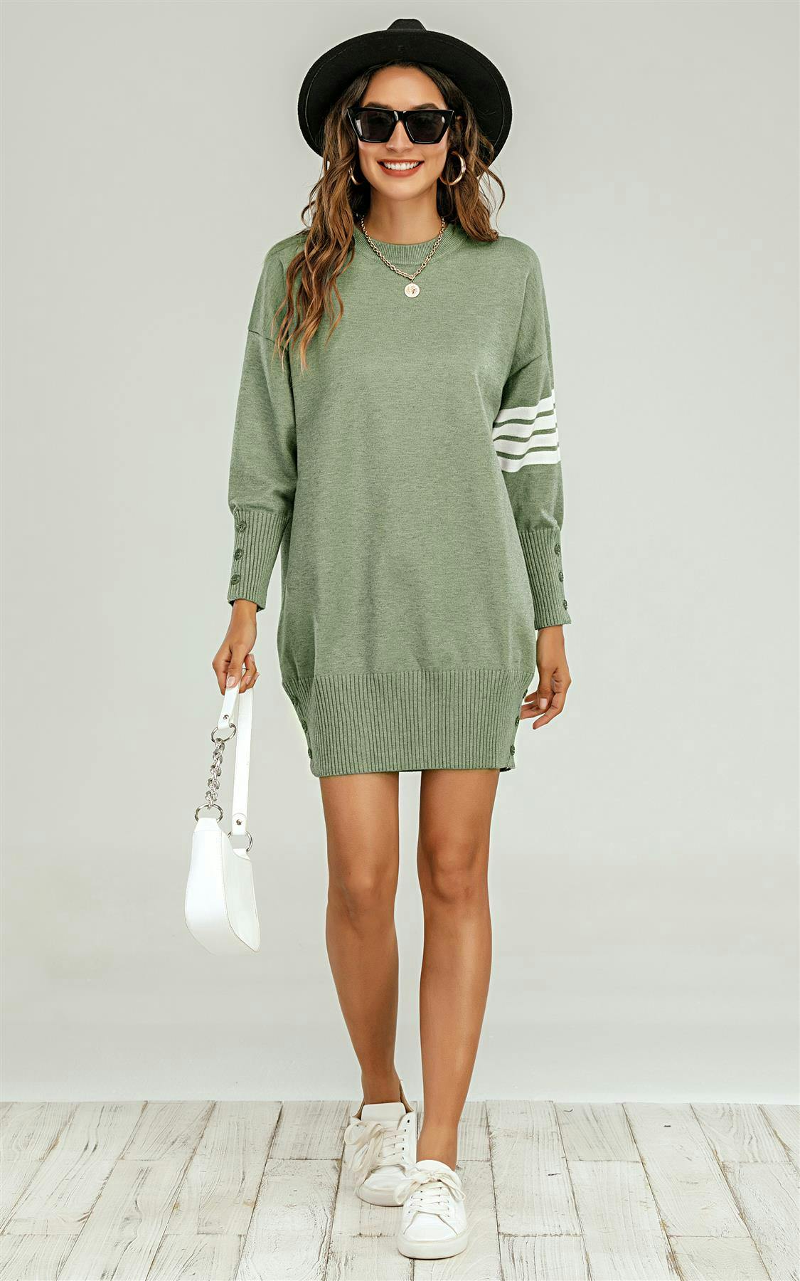 Fs Collection White Knitted Tunic Jumper Dress With Stripe In Olive - Olive - Onesize