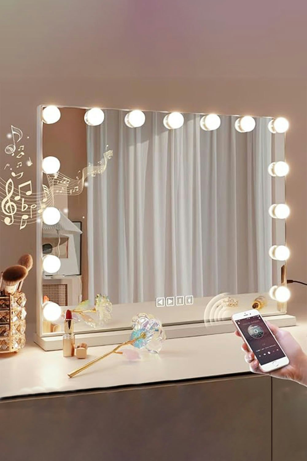 Living And Home White Bluetooth Hollywood Vanity Mirror With Touch Screen Control & Usb Charging Port,Tabletop Mirror For Makeup Desk ＆ Dressing Room - Natural
