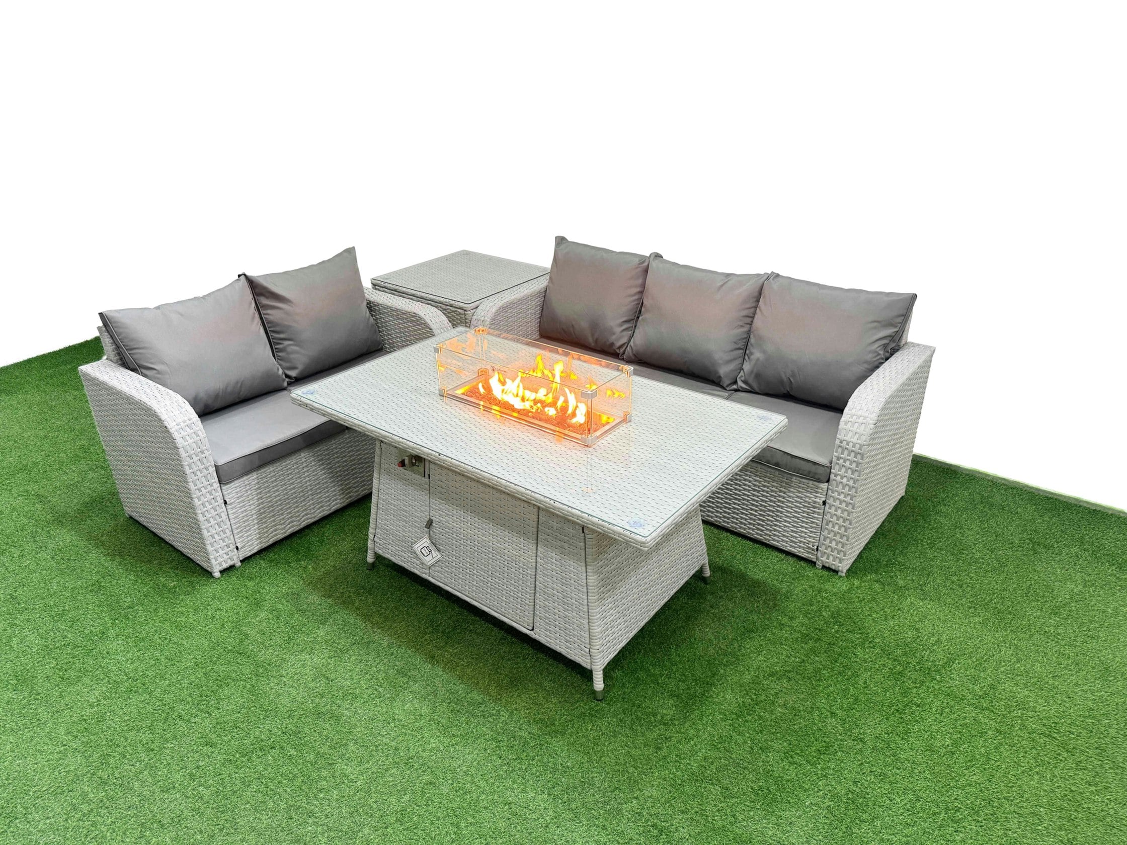 Rackhams Light/Grey/Dark 5 Seater Pe Rattan Wicker Garden Furniture Patio Conservatory Sofa Set With Fire Pit Dining Table 3 Seater Sofa Love Sofa Side Table