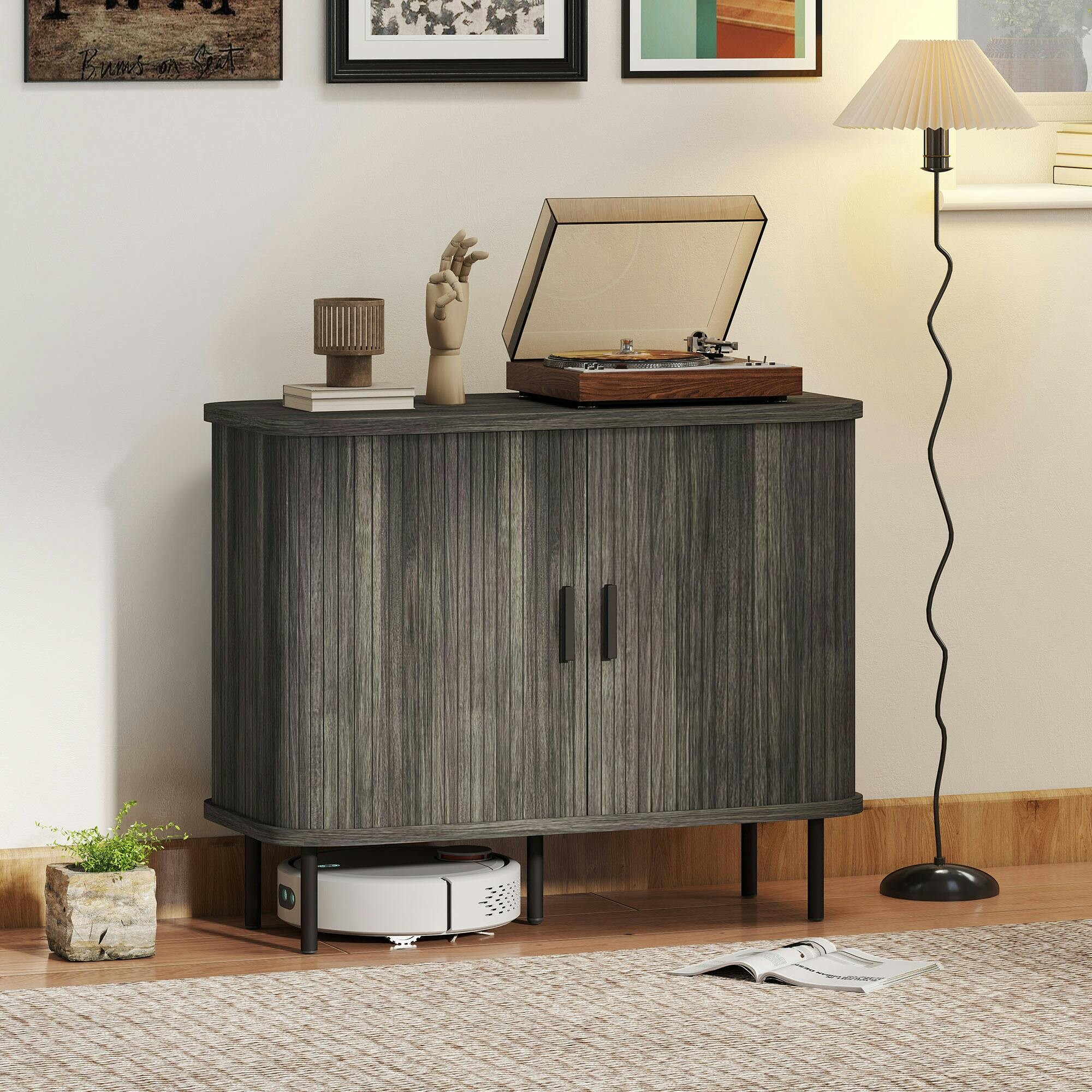 Rackhams Grey Sideboard Storage Cabinet With Slatted Tambour Sliding Doors