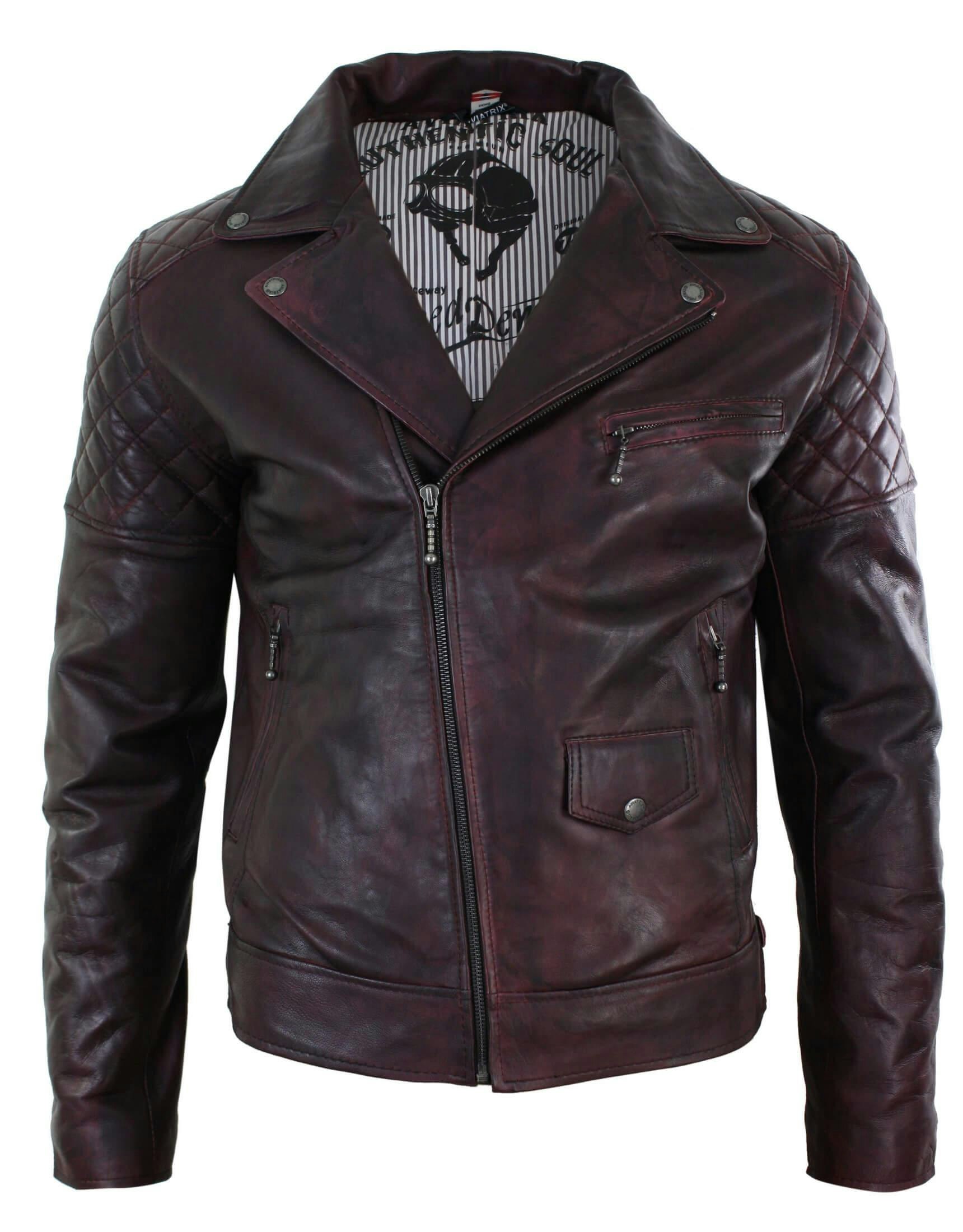 Aviatrix Men's Brown/Black/Burgundy Washed Leather Biker Jacket Cross Zip - Small