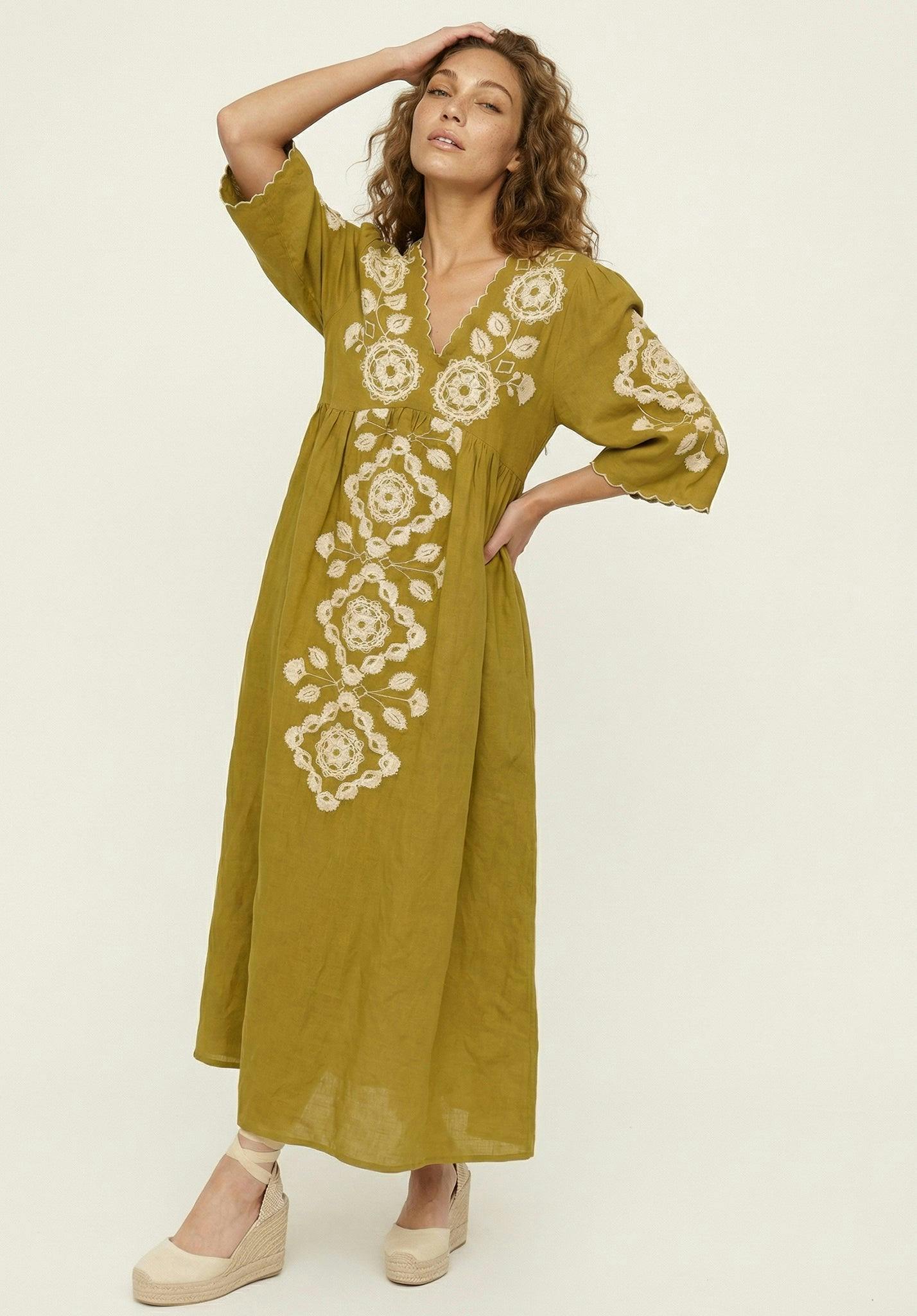 Raffya Arianna V- Neck Embroidered Maxi Dress In Chartreuse - 12