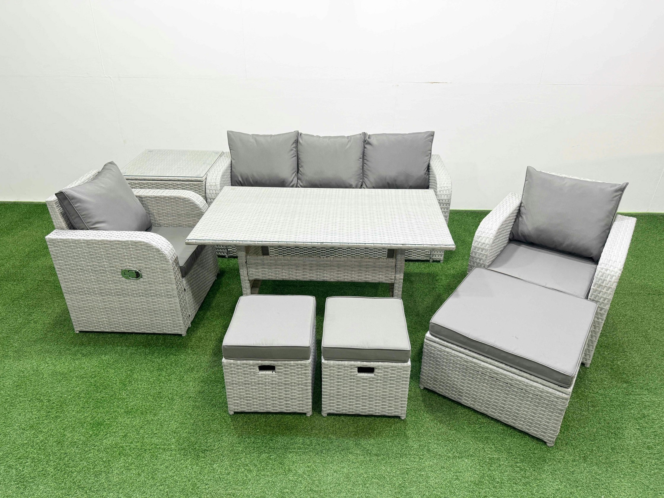 Rackhams Light/Grey Pe Rattan Garden Furniture Set Reclining Chair Sofa Lounge Sofa Set Rectangular Dining Table Side Table 3 Stools