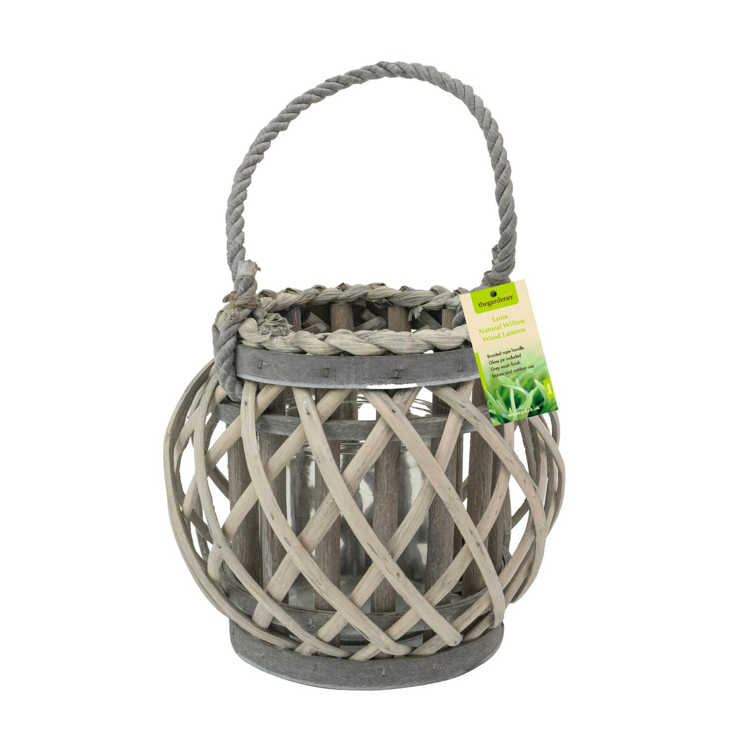 Jvl Grey Luna Natural Round Willow Wood Lantern With Braided Rope Handle, Wash