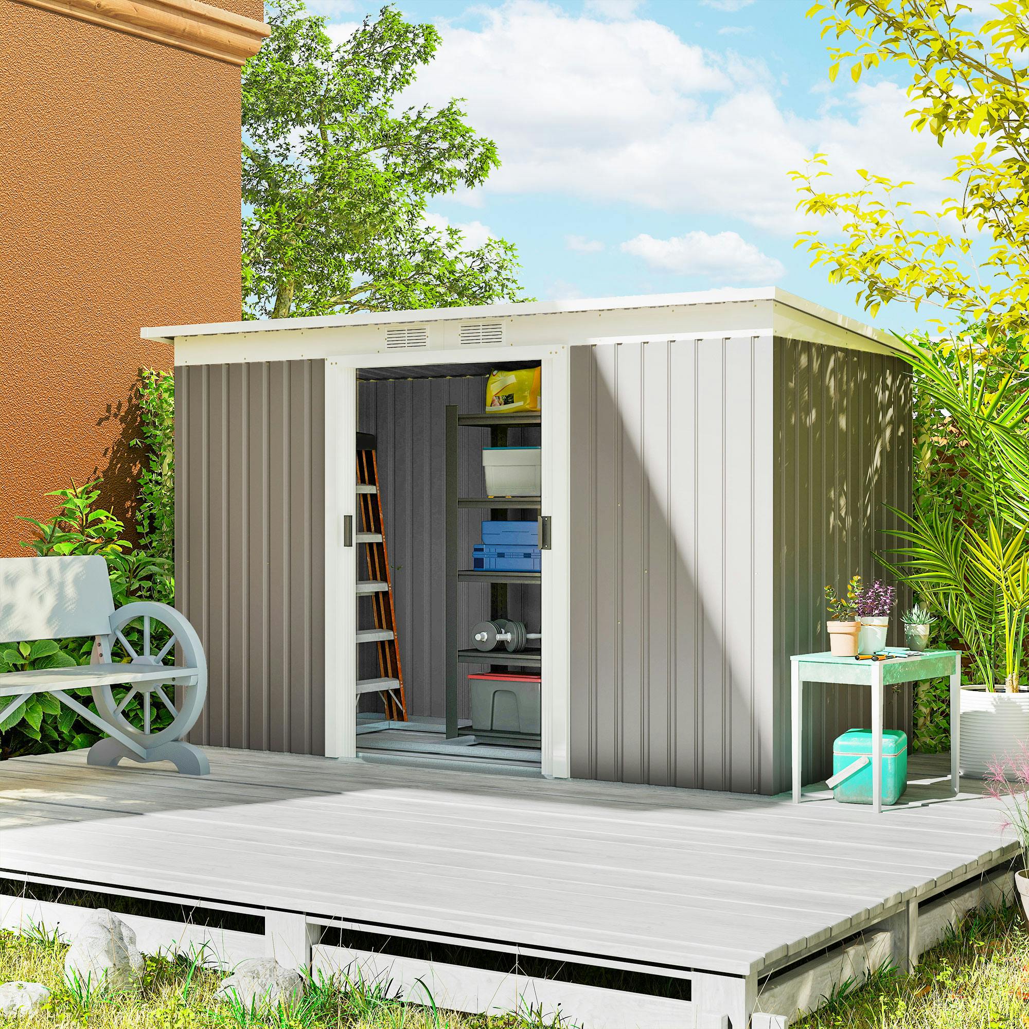 Rackhams Light/Grey 9 X 4Ft Metal Garden Storage Shed W/ 2 Door,