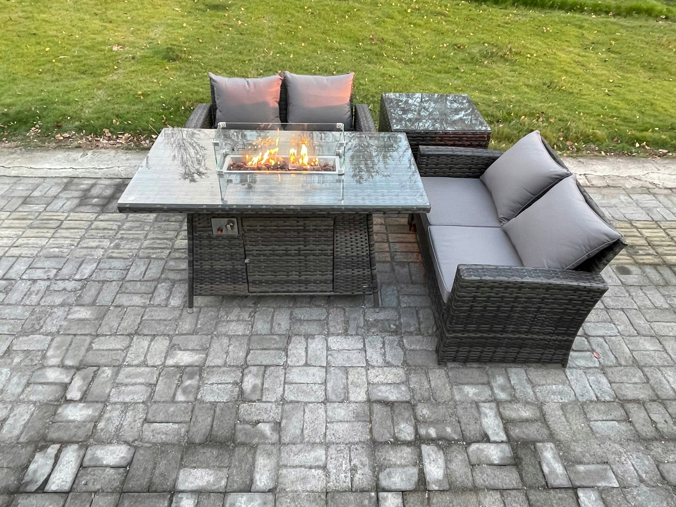 Fimous Dark/Grey 4 Pieces Garden Furniture Sets Poly Rattan Outdoor Patio Gas Fire Pit Dining Table Sofa Set For Garden Backyard Mixed