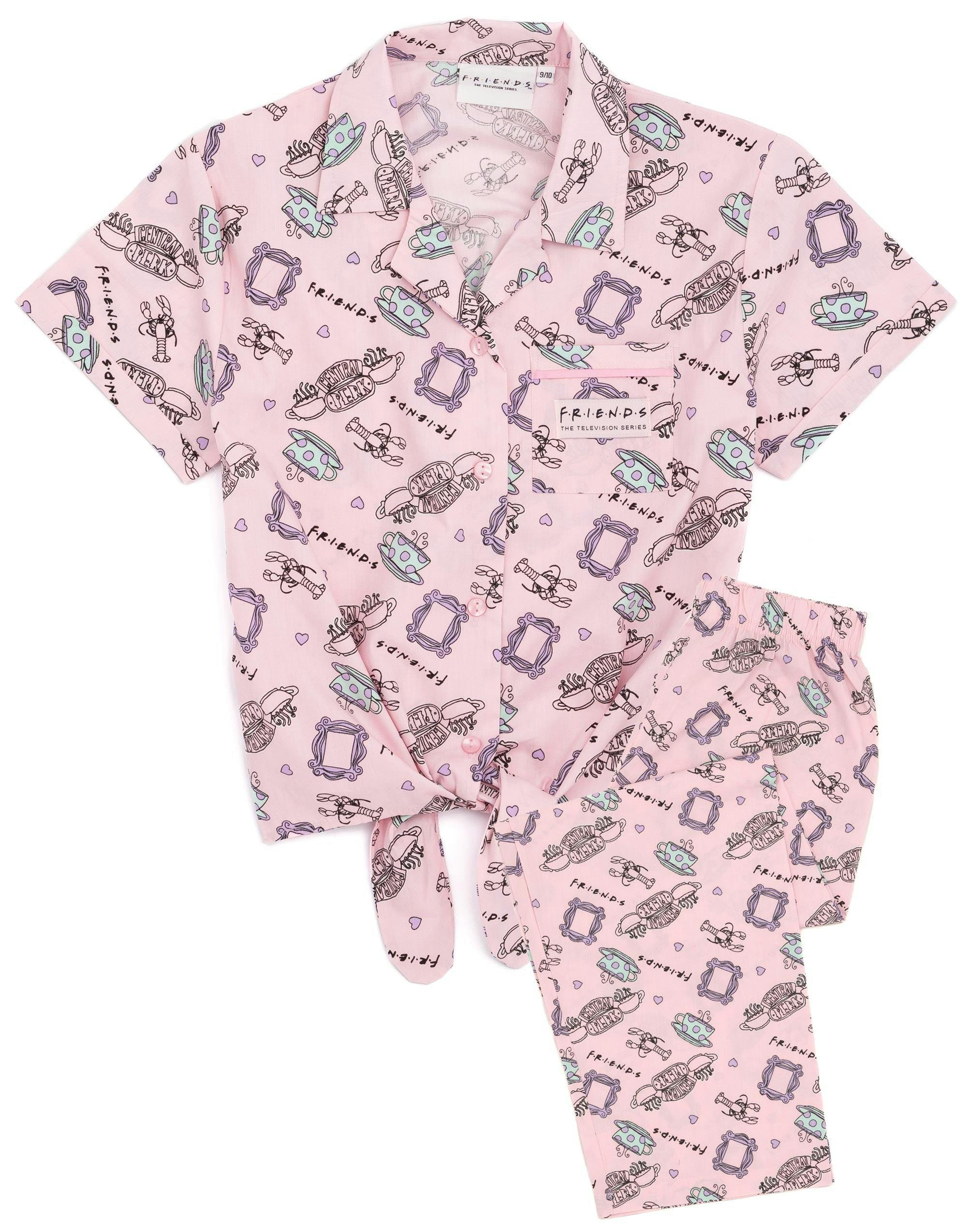 Vanilla Underground Girls Pink Friends Central Perk Logo Aop Short Sleeve Long Leg Pyjama Set - 7-8 Years