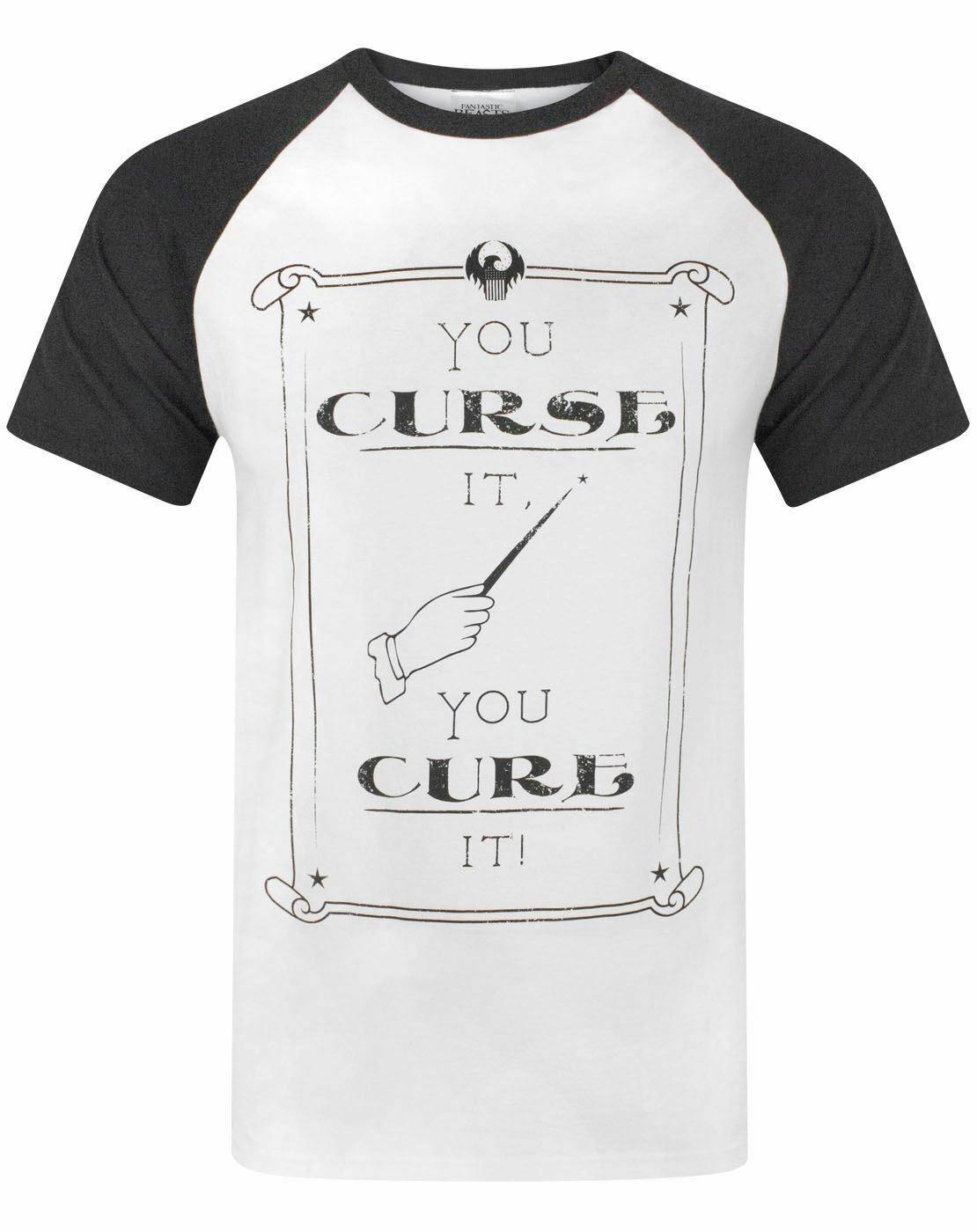 Vanilla Underground Men's White Fantastic Beasts And Where To Find Them You Curse It, You Cure It Text Print Raglan Short Sleeved T-Shirt - Medium