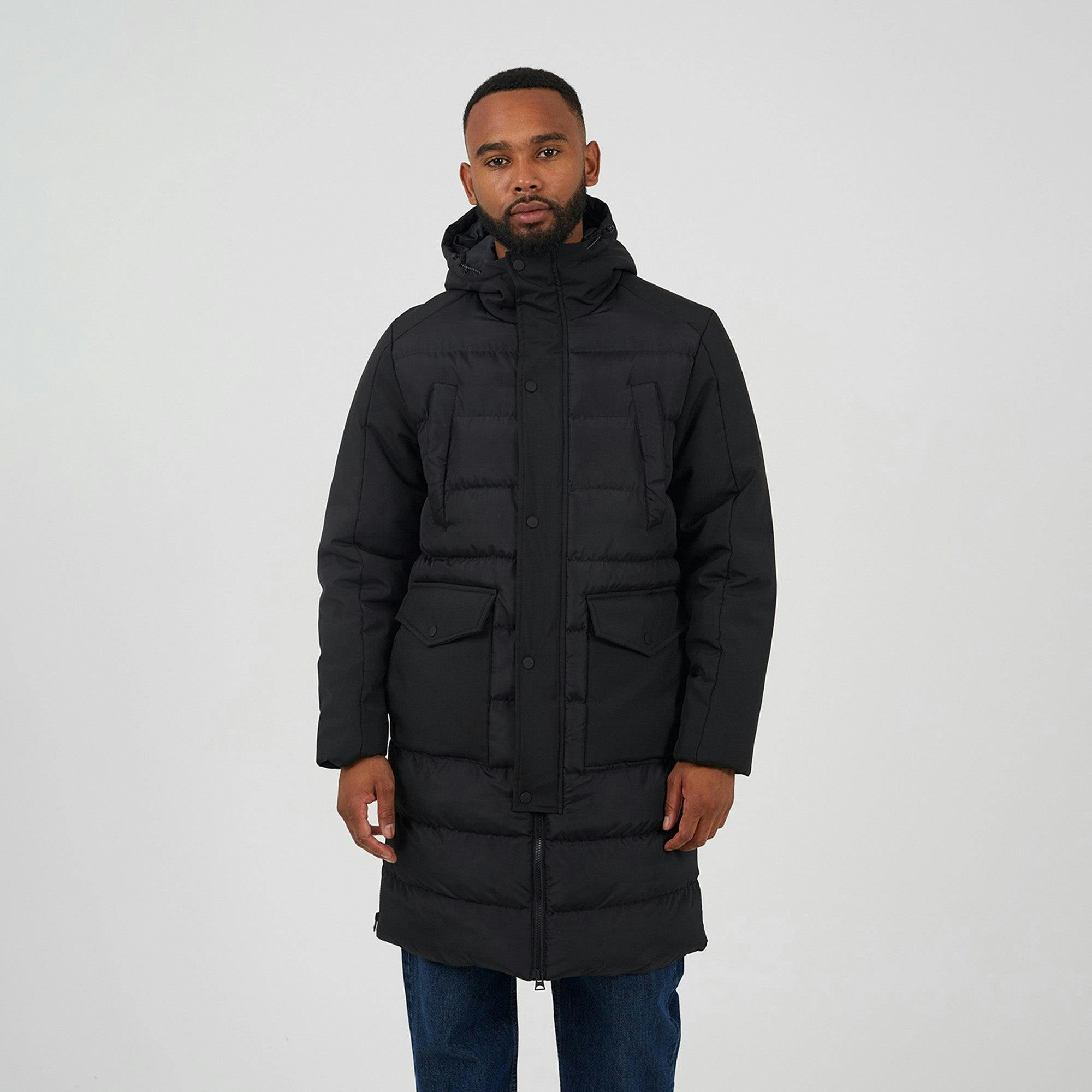 Brave Soul Black Padded Hooded Longline Jacket - M