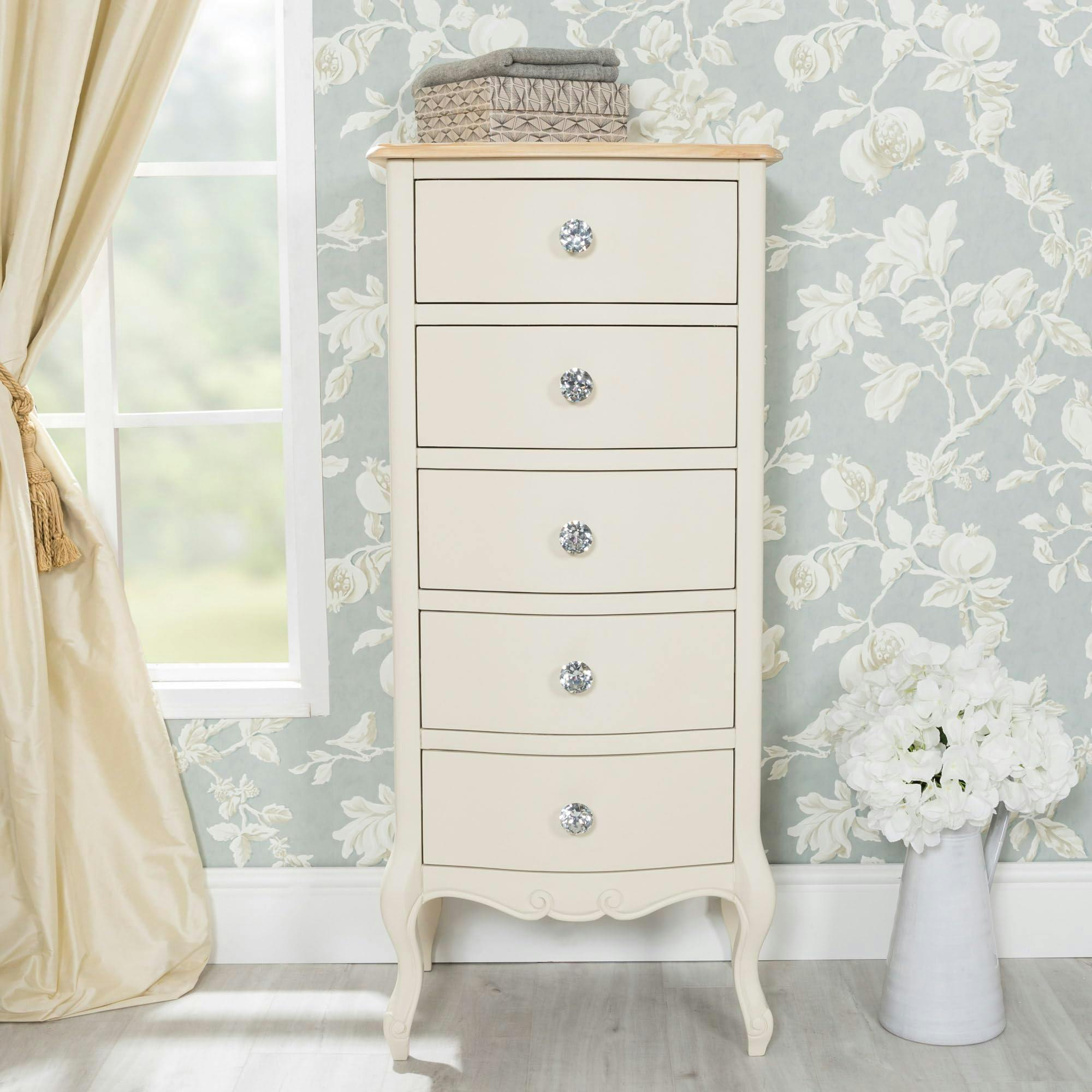 Statement Furniture Cream Juliette Tallboy 5 Drawer With Crystal Handles French Style Bedroom Chest - Champagne,