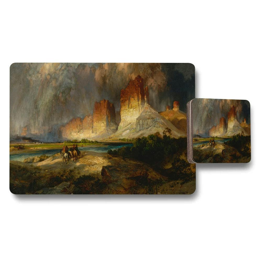 Rackhams Red/Golden/Light Placemat Coaster Set With Dramatic Canyon Landscape Artwork