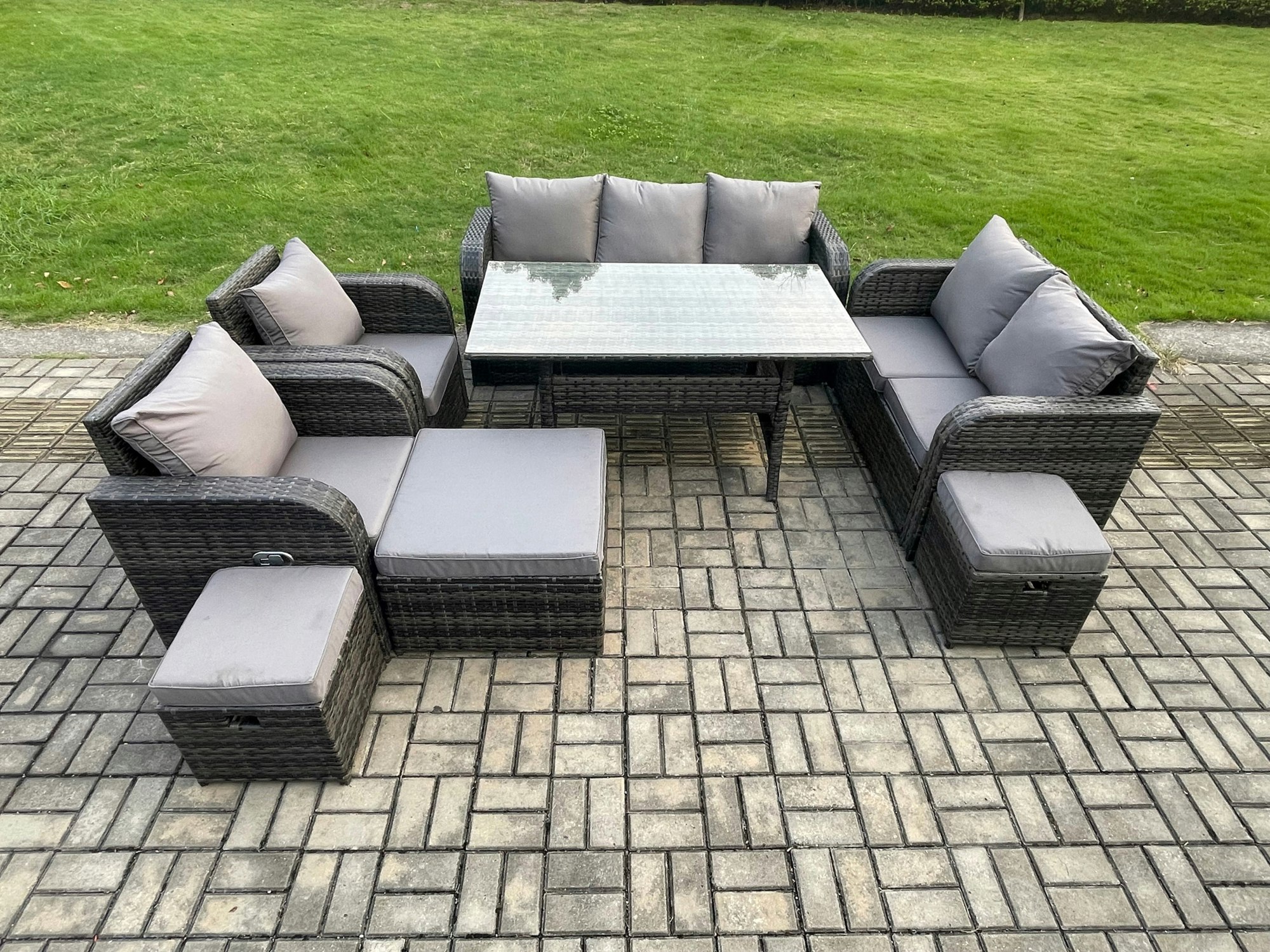 Fimous Dark/Grey 10-Seater Pe Wicker Rattan Outdoor Dining Sofa Set | Rectangular Table, Reclining Loveseat, 2-Seater Sofa, 3 Footstools