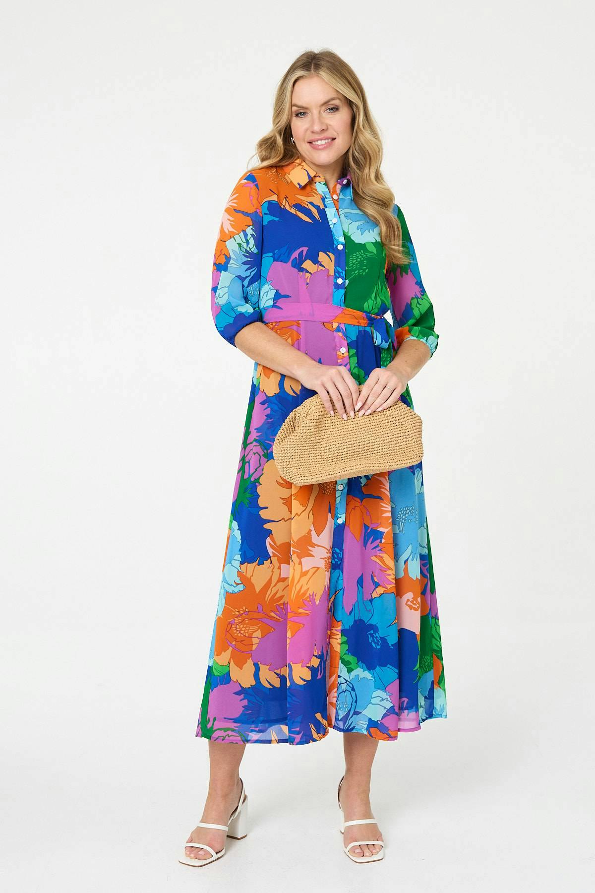 Izabel London Blue Abstract Floral 3/4 Sleeve Maxi Dress - 10