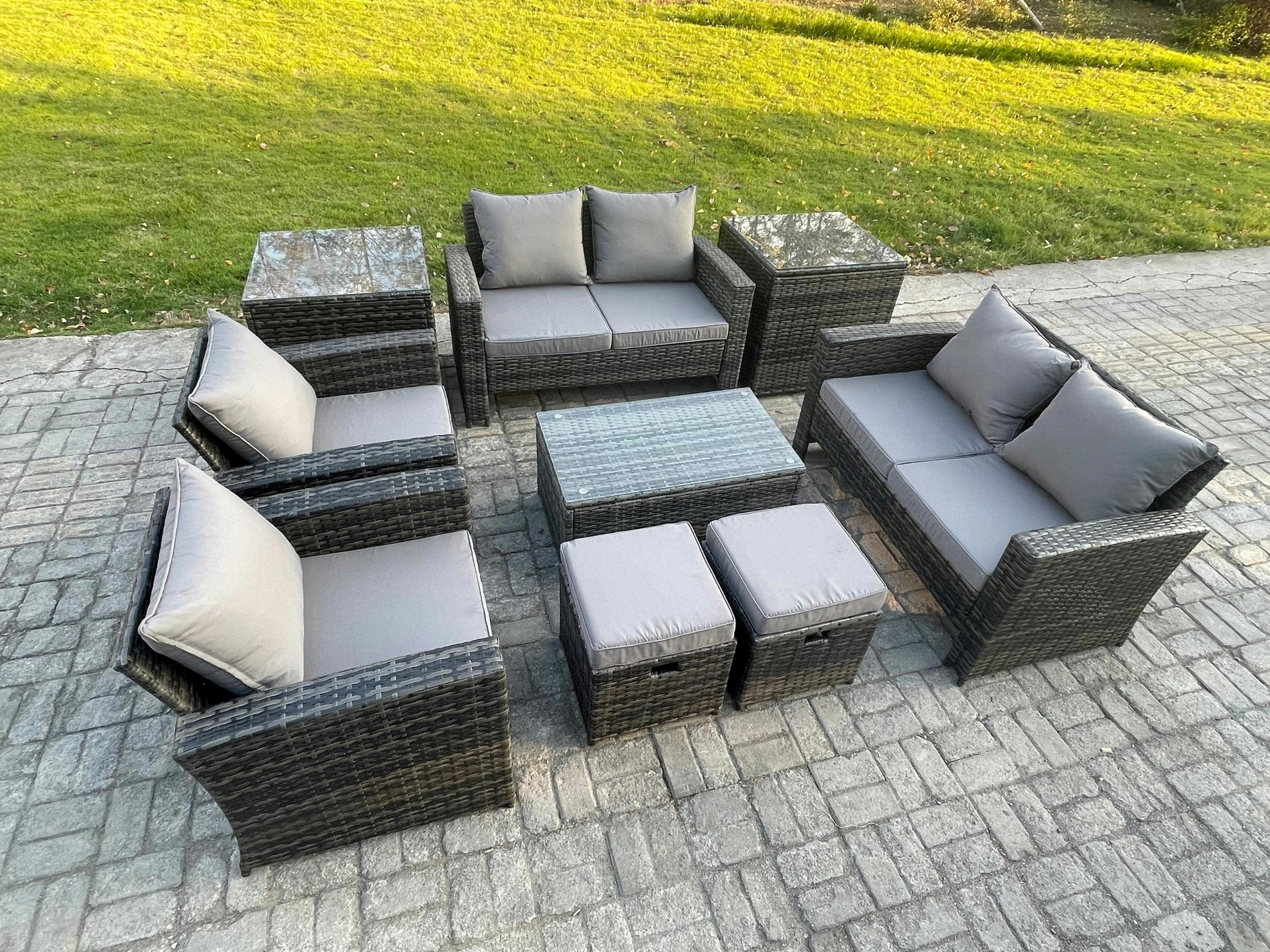 Rackhams Dark/Grey 9 Pieces Outdoor Set, Rattan, Manual Wicker Patio Sofa Chair, Coffee Table, 2 Small Footstools And 2 Side Tables, Mixed