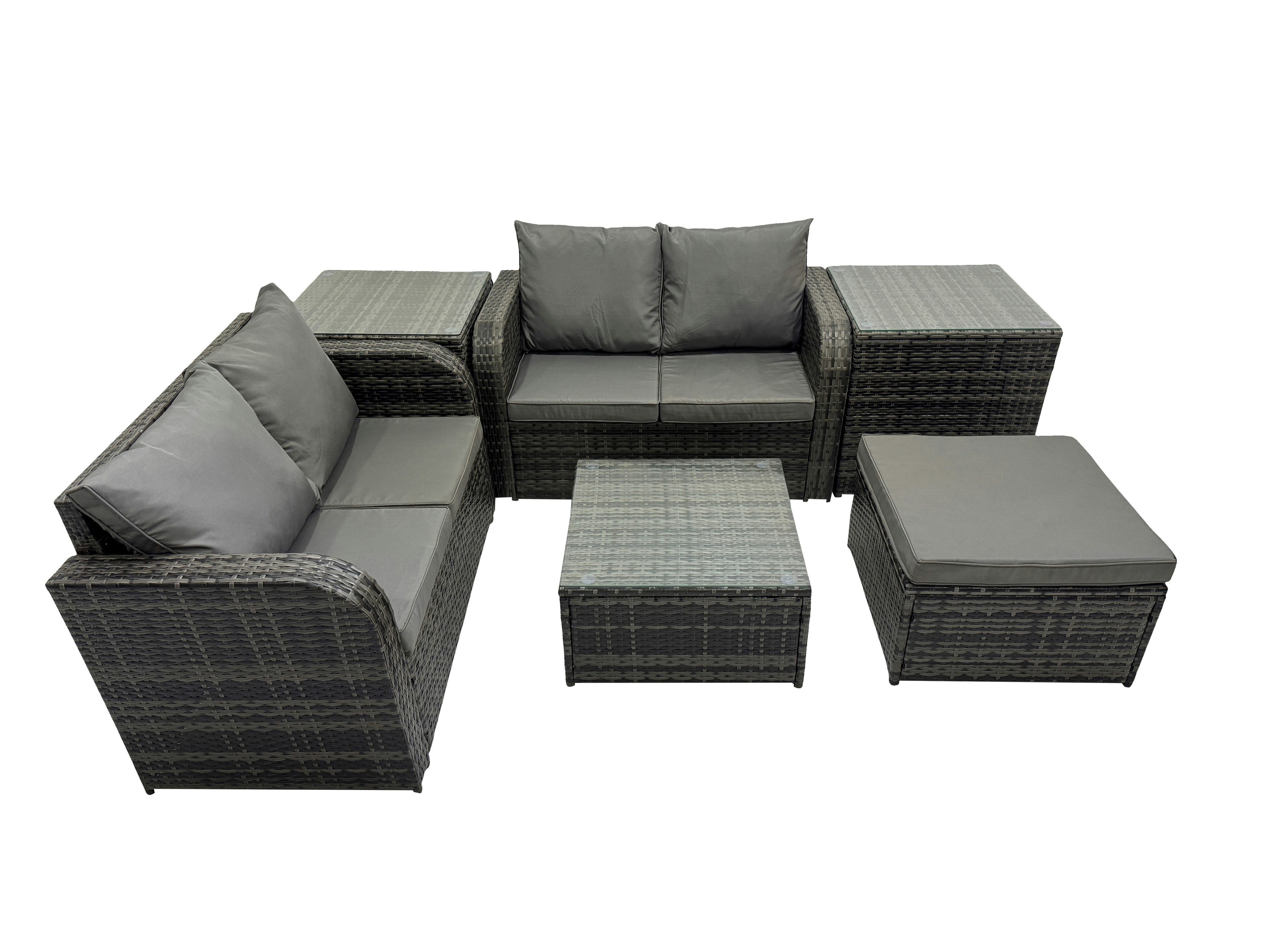 Fimous Dark/Grey Rattan Garden Outdoor Furniture Set Love Sofa Square Coffee Table Set With 2 Side Table Big Stool Mixed