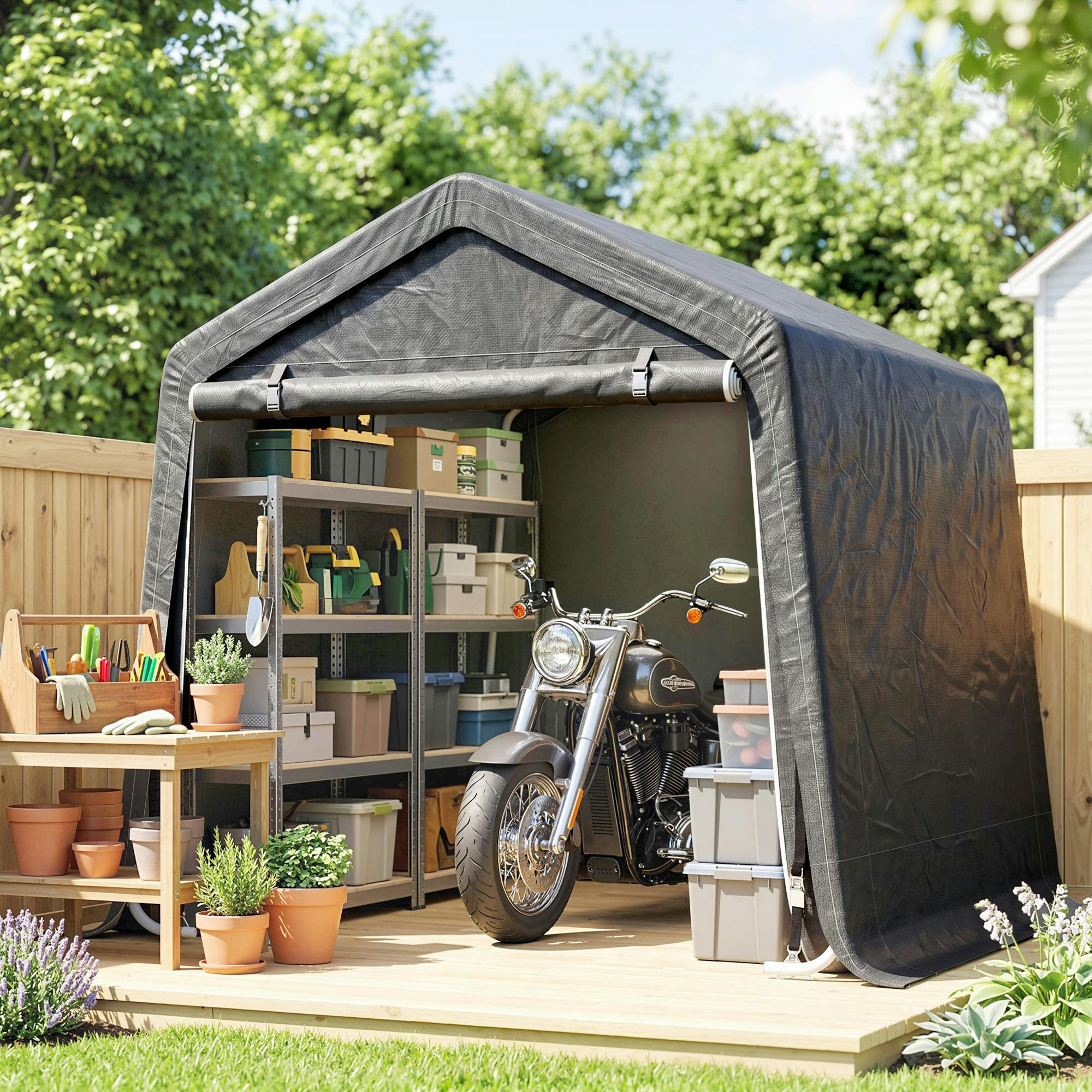 Outsunny Grey Garden Storage Tent Bike Shed W/ Metal Frame & Zipper Doors,