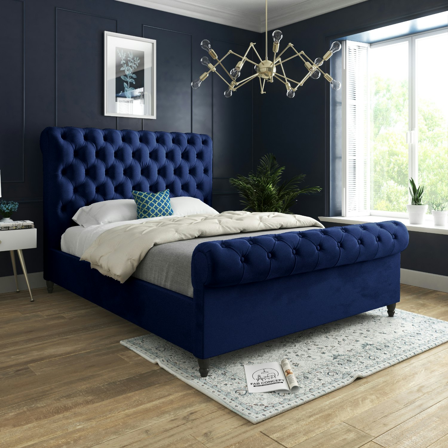 Rackhams Blue/Dark Sienna Sleigh Upholstered Soft Velvet Bed Frame - Single