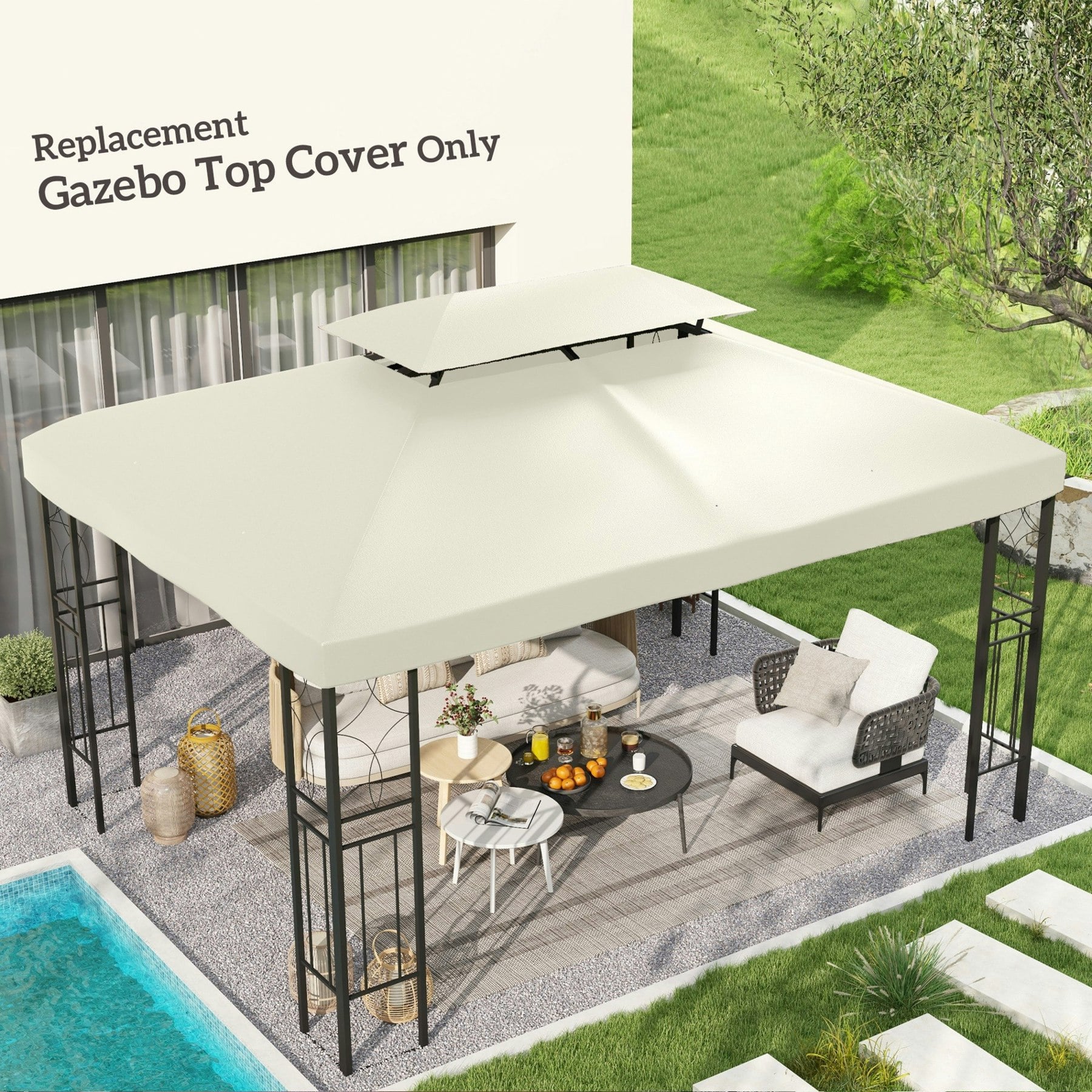 Rackhams Cream 3X4m Gazebo Replacement Roof Canopy 2 Tier Top Uv Cover Patio - 4 X 3 M - Polyester
