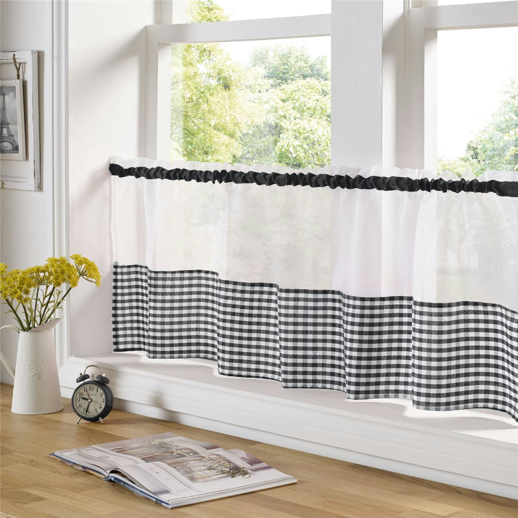 Rackhams Black Gingham Checked Kitchen Voile Curtain Café Panels - 18"