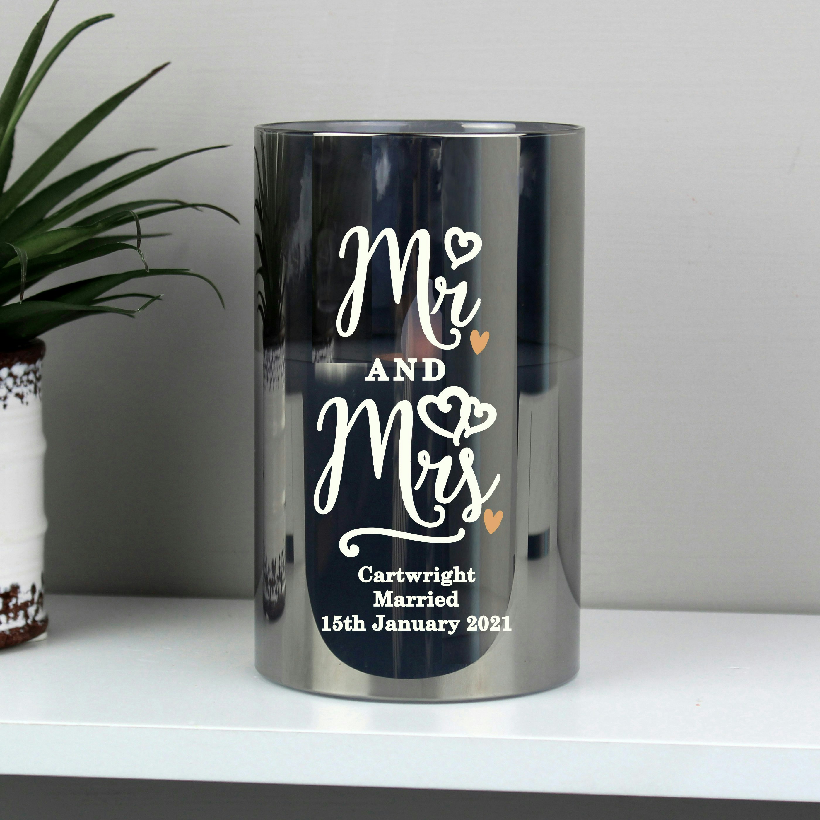 Personalised Memento Company Amber Personalised Mr & Mrs Smoked Glass Led Candle