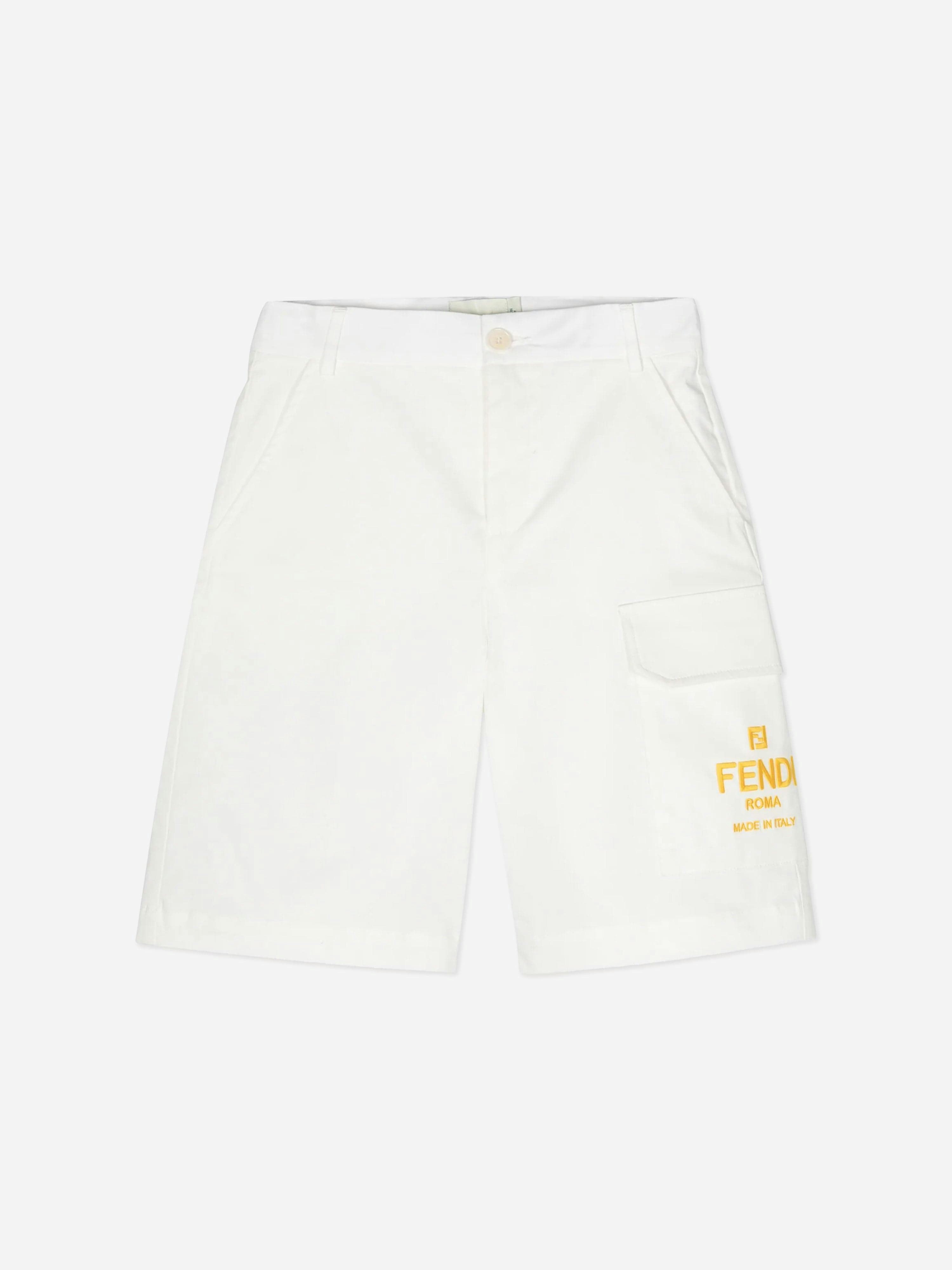 Fendi Kids Boys White Fendi Logo Cargo Shorts In - 12 Yrs