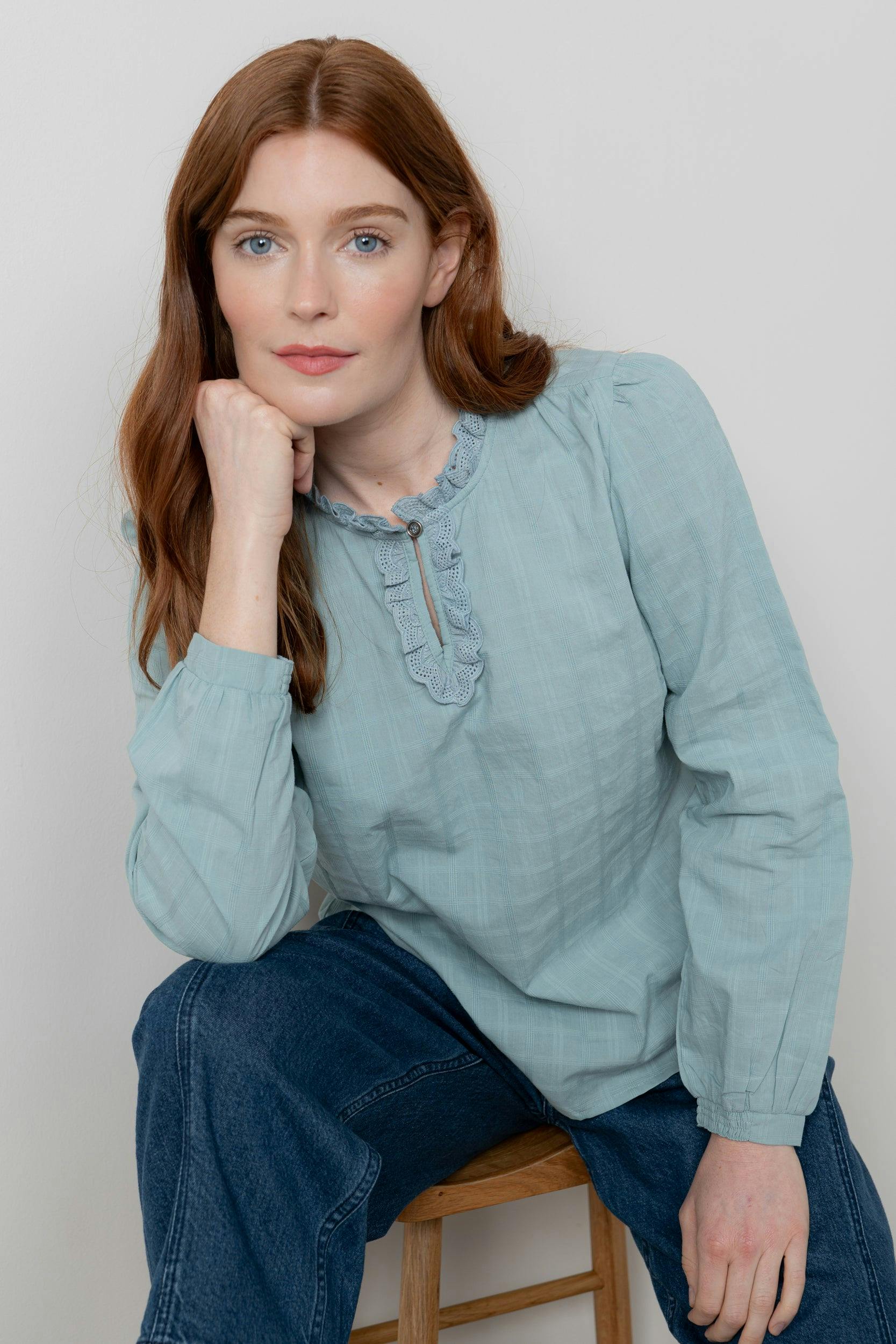 Lily & Me Blue Emily Cotton Check Keyhole Blouse Ice - 08 - Ice