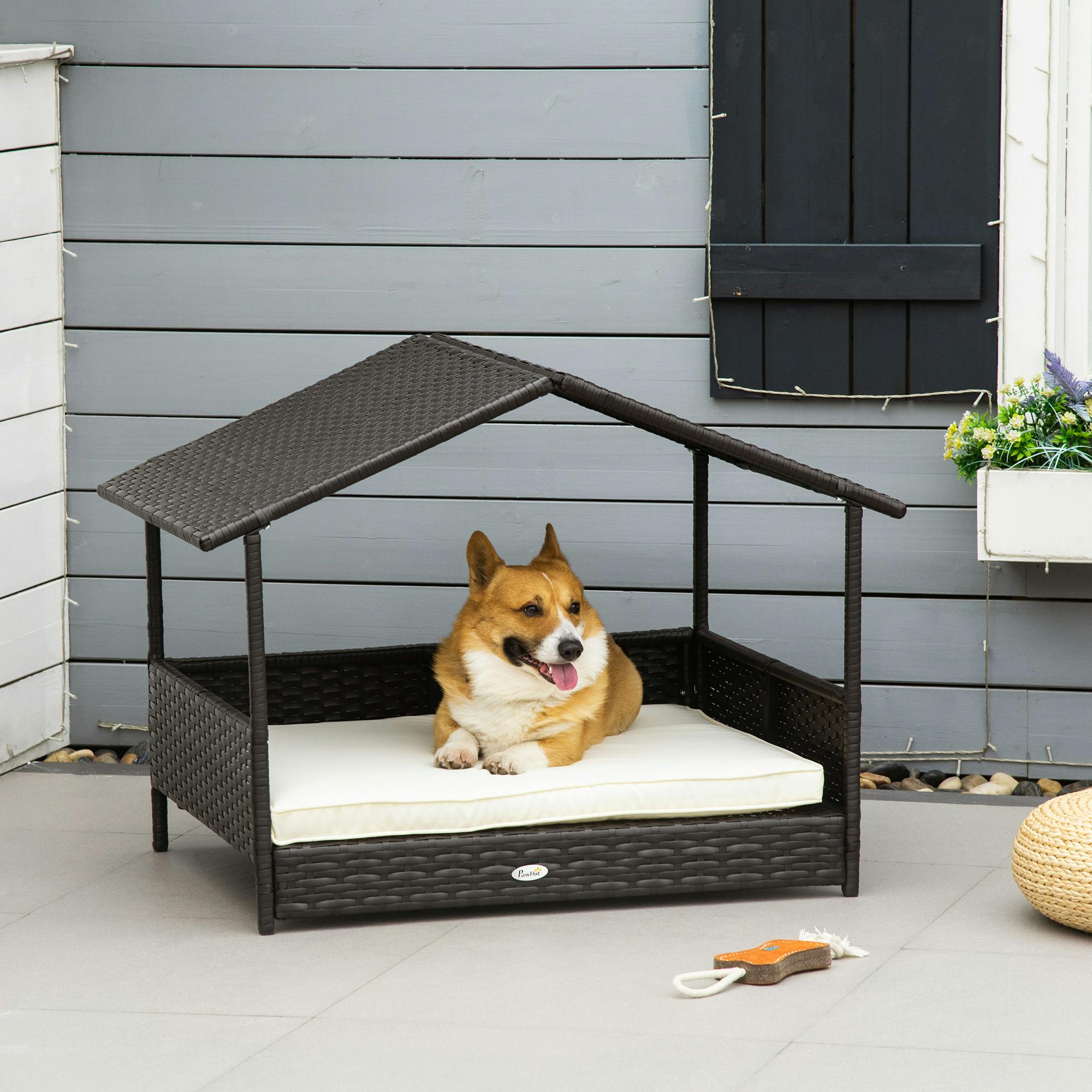 Pawhut Dark/Brown/Cream Wicker Dog House, Rattan Pet Bed With Soft Cushion, Cat Basket - And