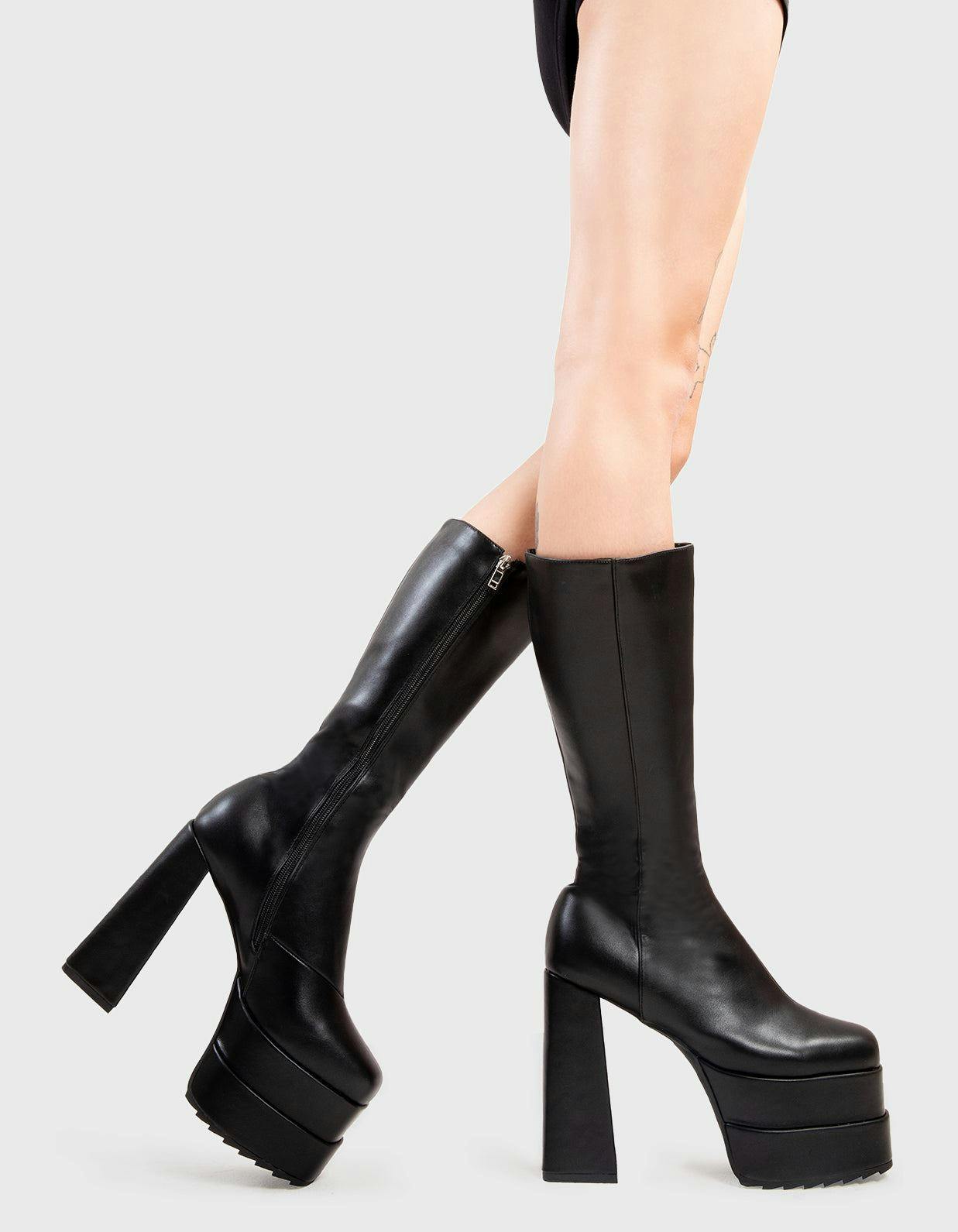 Lamoda Women's Black Home Wrecker Pu Platform Calf Boots Trendy Chunky Streetwear - Uk8
