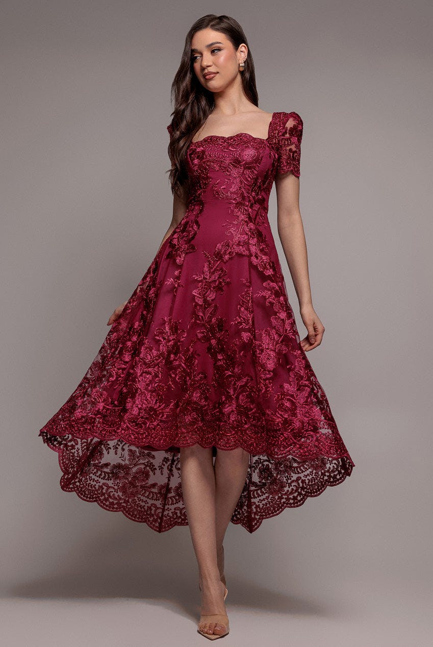 Goddiva Burgundy Scalloped Neck Embroidered Lace High Low Midi Dress - By - 14