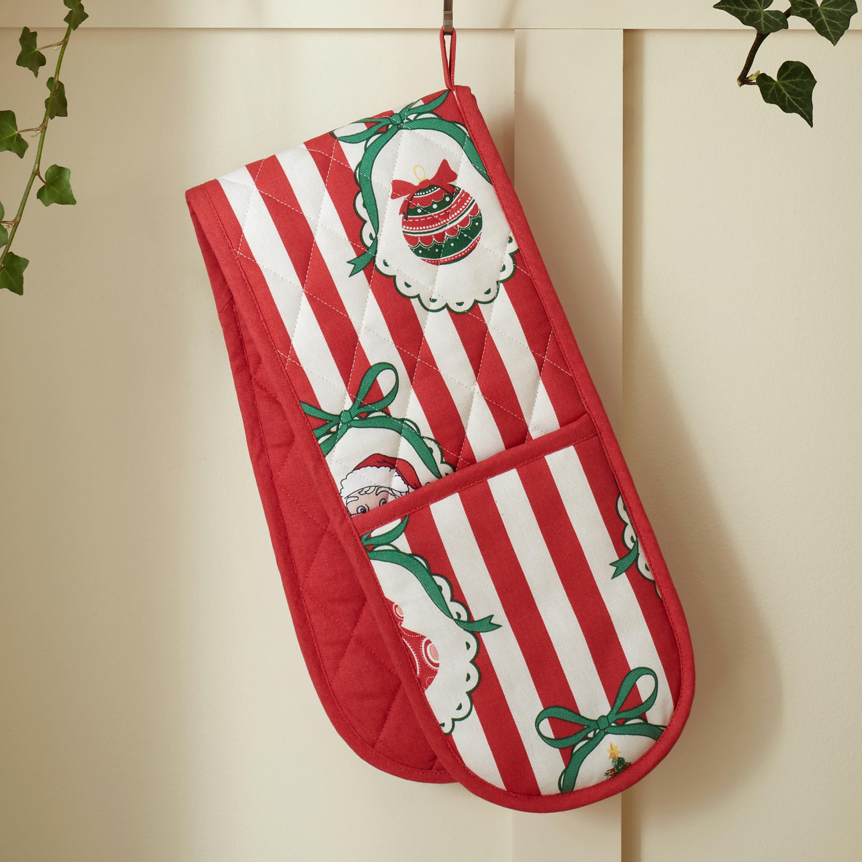 Catherine Lansfield Red Christmas Vintage Stripe Cotton Kitchen Double Oven Glove