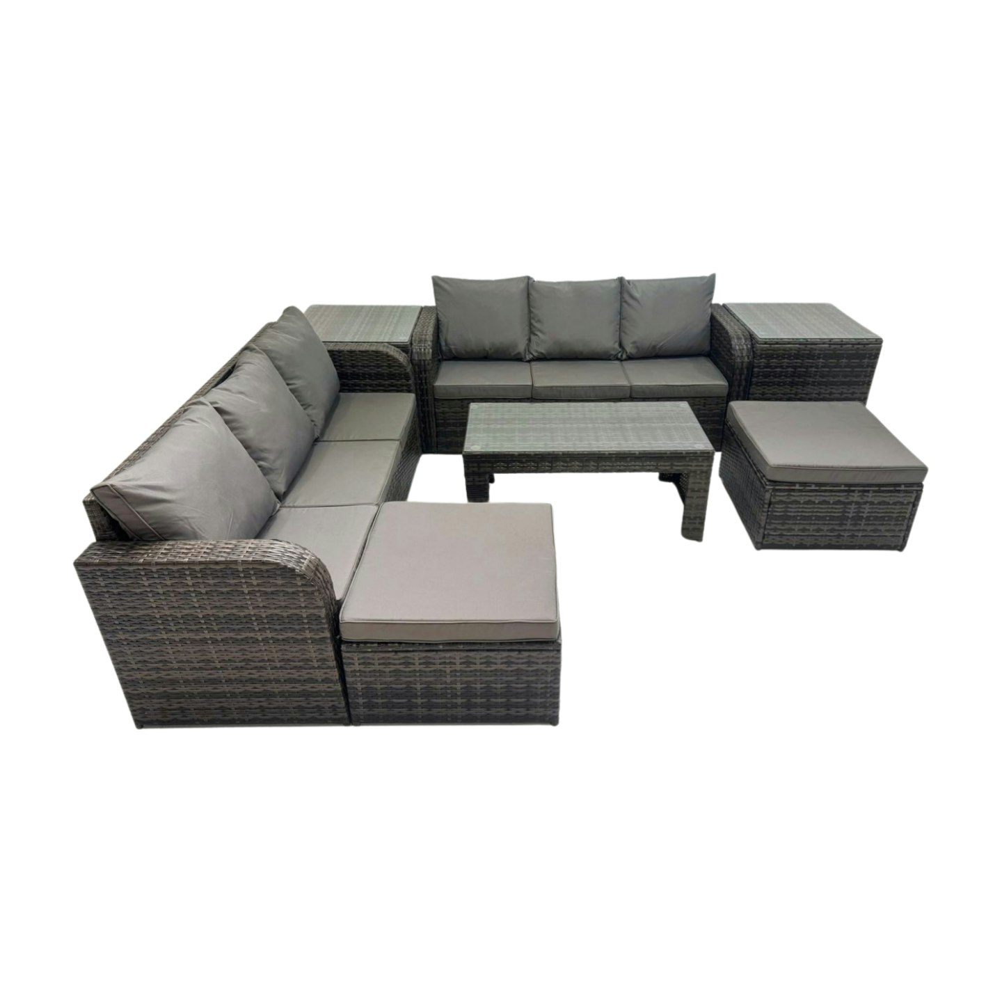 Fimous Dark/Grey Rattan Garden Outdoor Furniture Set 3 Seater Sofa Coffee Table With 2 Big Footstools 2 Side Tables Mixed