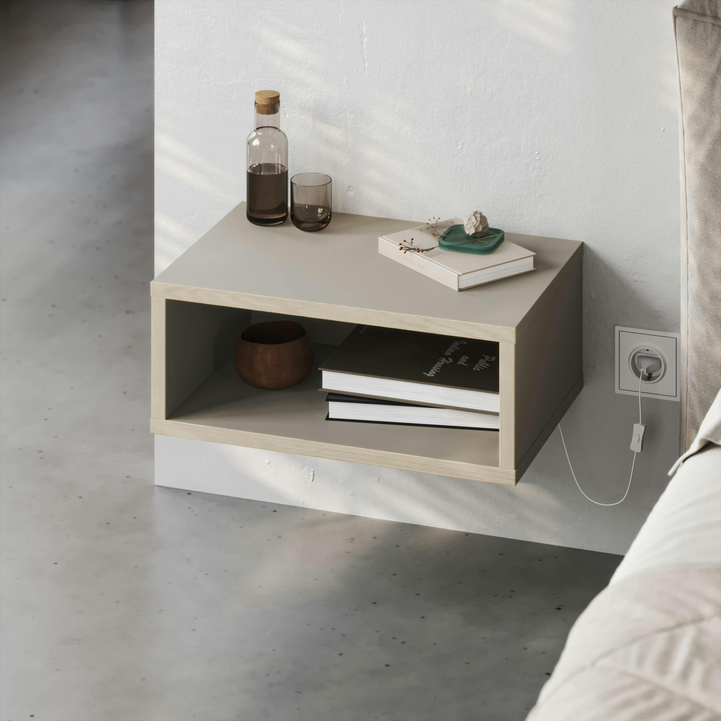 Rackhams Light/White/Grey Modern Floating Bedside Table W/ Led S 45Cm Wall-Mount Nightstand End Table Open Shelf Bedroom - Sandstone-Sonomo Oak