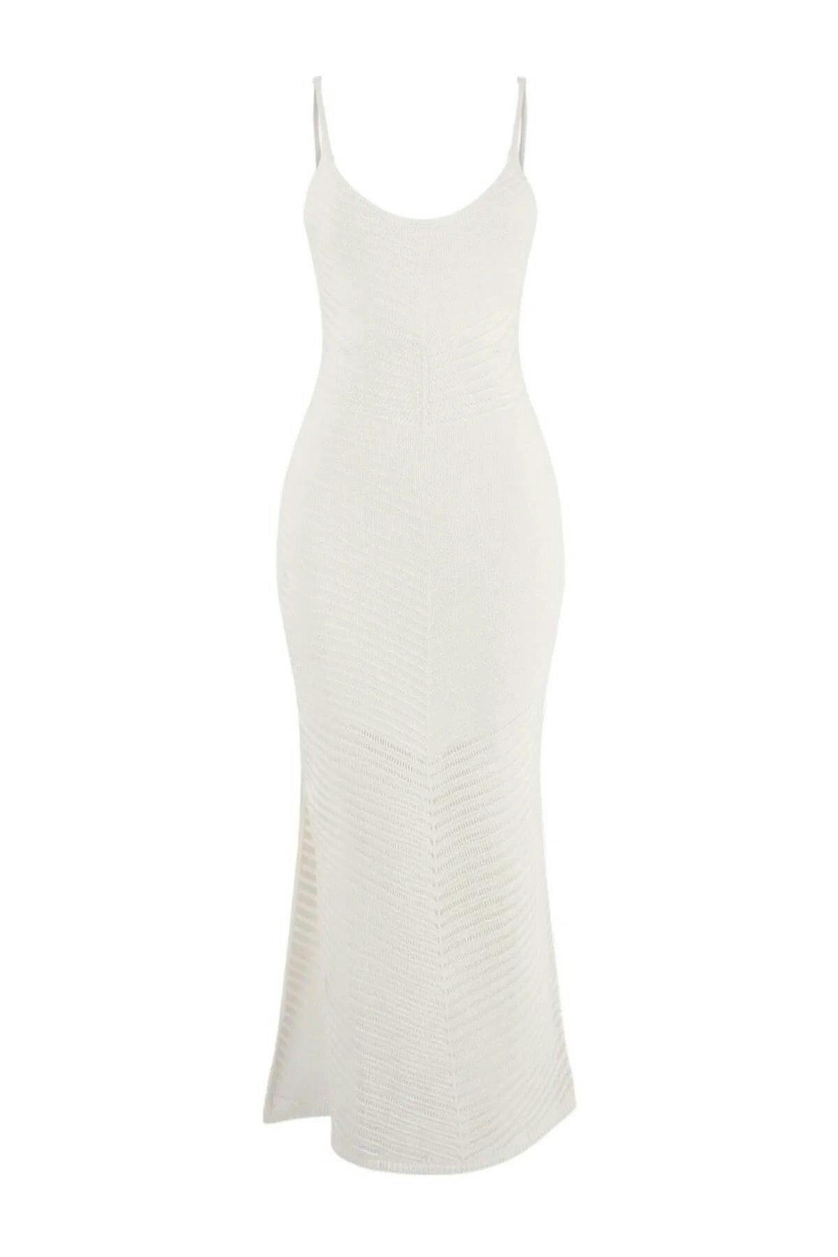 Wovcor Knitted Maxi V-Neck Beach Dress - Ecru - L