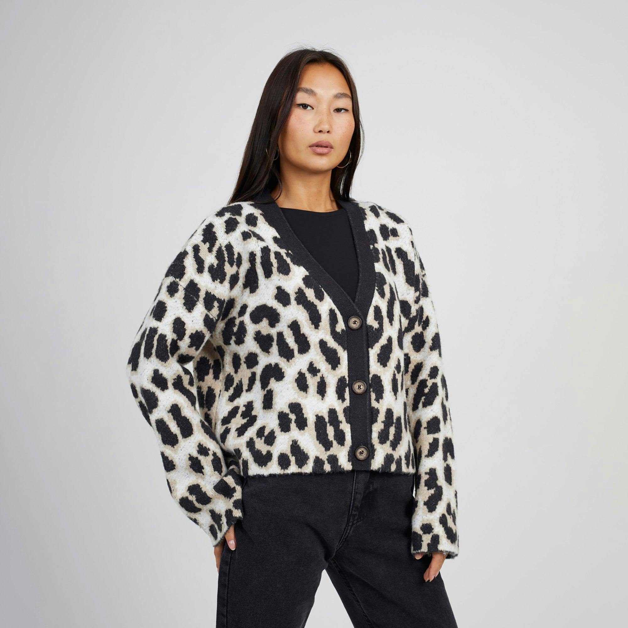 Brave Soul Light Button Through Animal Print Jacquard Knit Cardigan - Camel - Camel - Xs