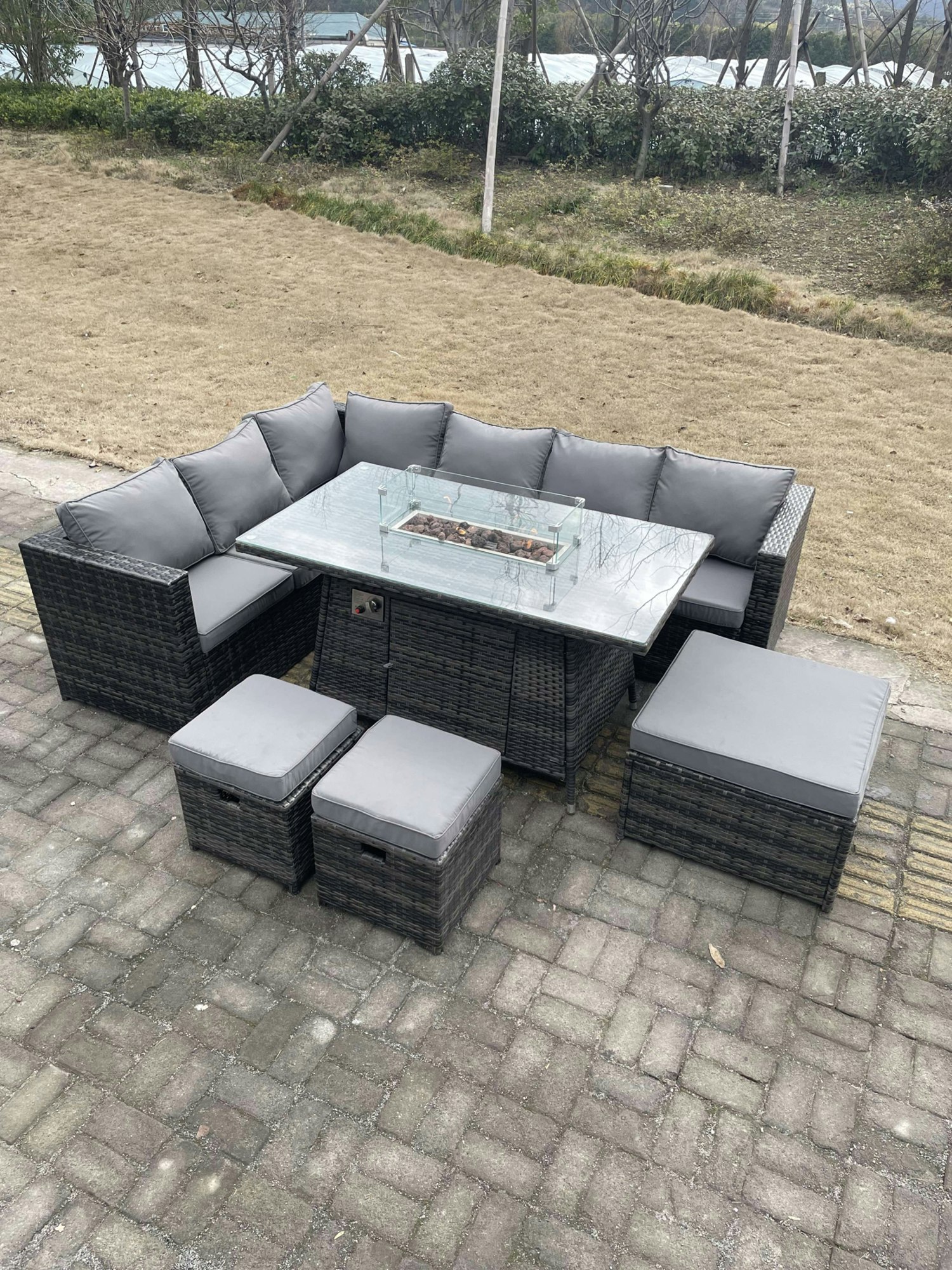 Rackhams Dark/Grey 9 Seater Rattan Corner Sofa Set Gas Fire Pit Dining Table Set Patio Heater Burner With Big Footstool Mixed