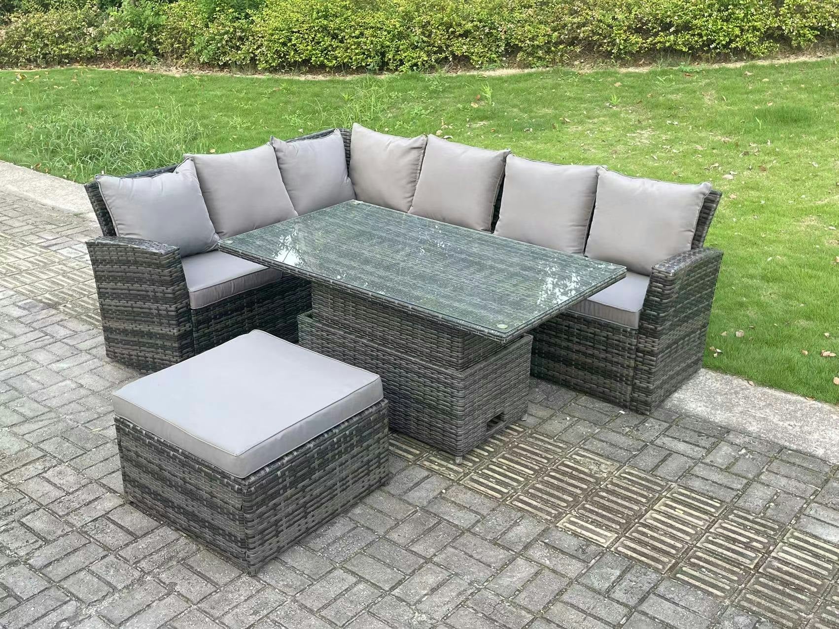 Rackhams Dark/Grey 7 Seater?Outdoor Rattan High Back Adjustable Rising Lifting Dining Table Corner Sofa Set Garden Furniture Mixed Left Hand
