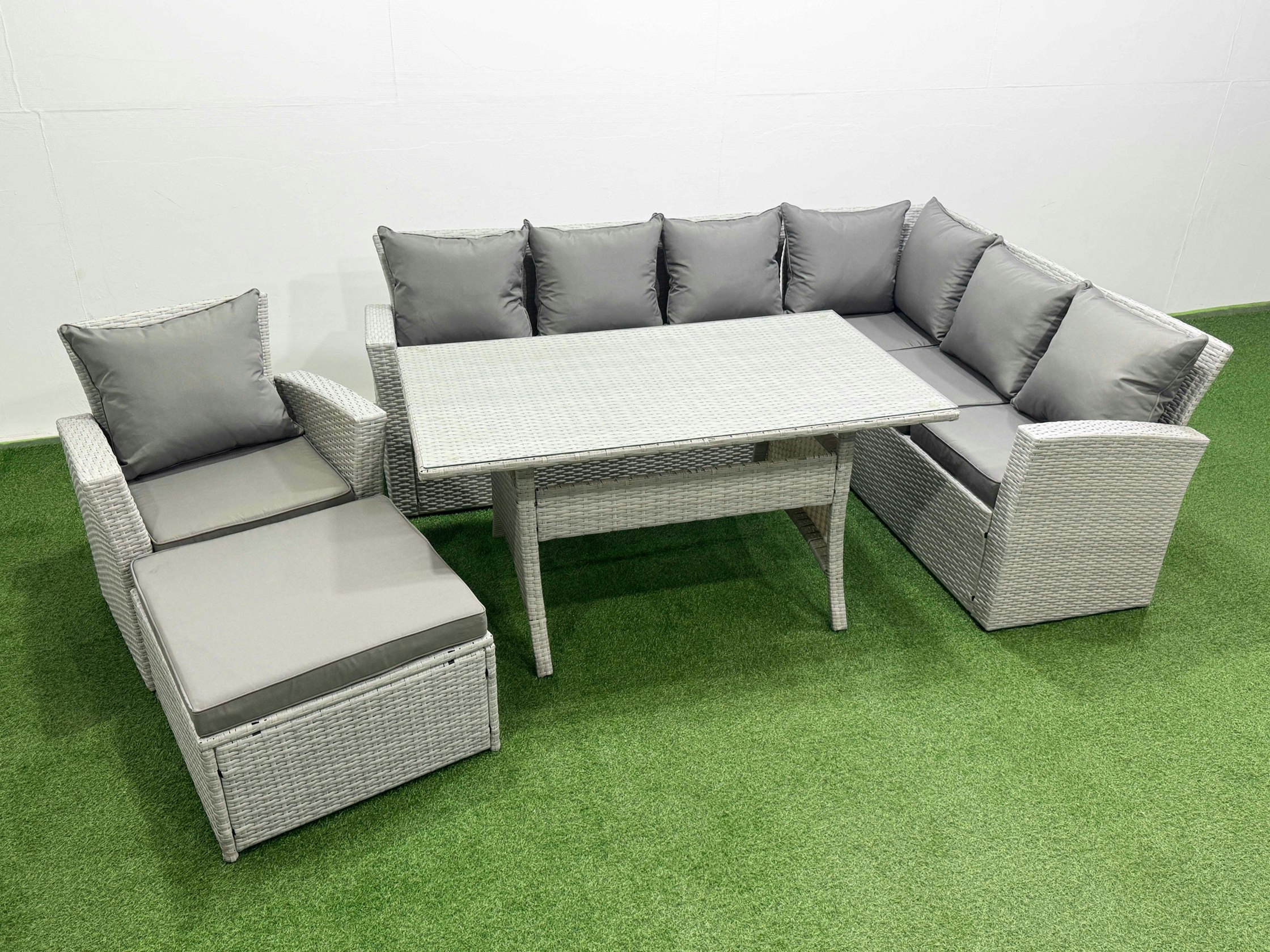 Rackhams Light/Grey Rattan Garden Furniture Set Outdoor 8 Seater Patio Dining Corner Sofa Sets With Dining Table Chair Big Footstool Mixed