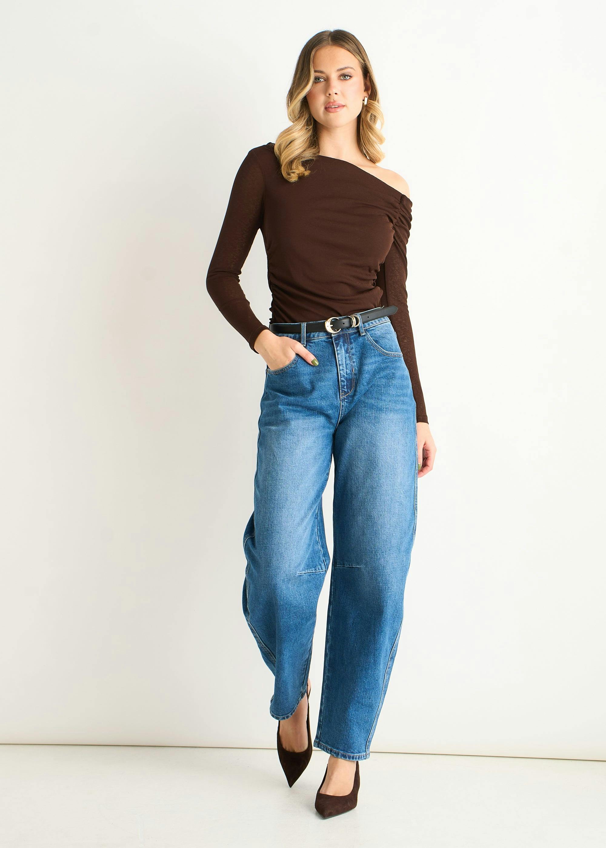 Gini London Chocolate Jersey Slash Neck Long Sleeve Top - Uk 8 / Us 4 / Eu 36