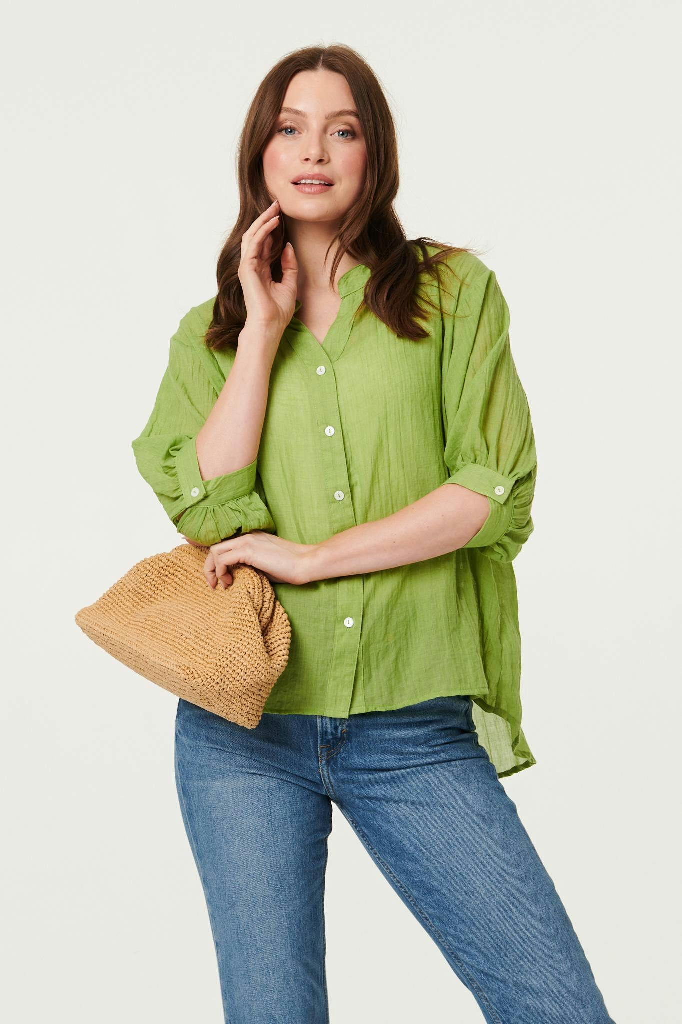 Izabel London Green Collarless Button Back 3/4 Sleeve Blouse - 12