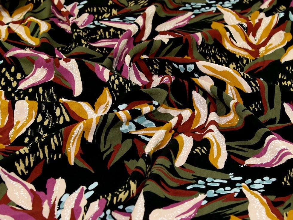 Minerva Core Range Black Minerva Deadstock Viscose Challis Fabric - Flowers Design Dressmaking Fabric, 140 Cm / 56" Wide - Per Metre