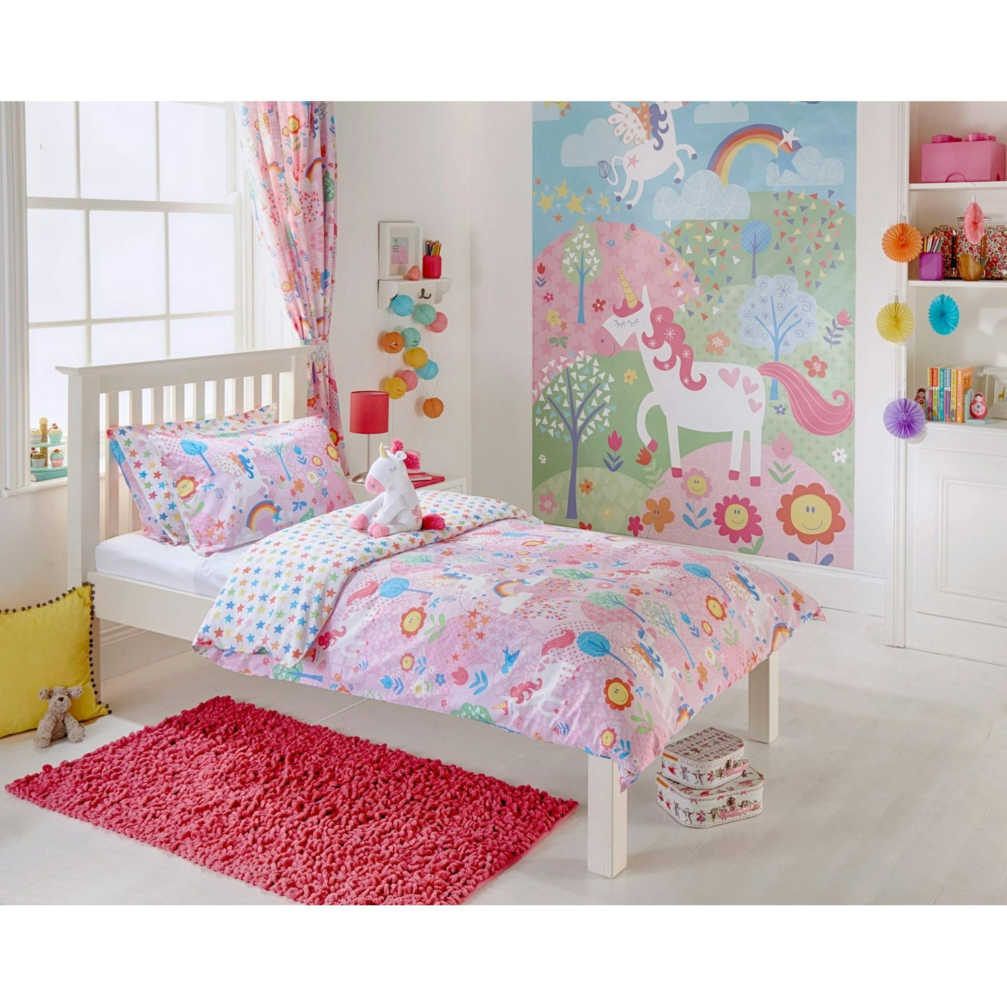 Rackhams Pink Unicorn Pencil Pleat Curtains - 66 X 72In (168 X 183Cm) - 50% Polyester/50% Cotton